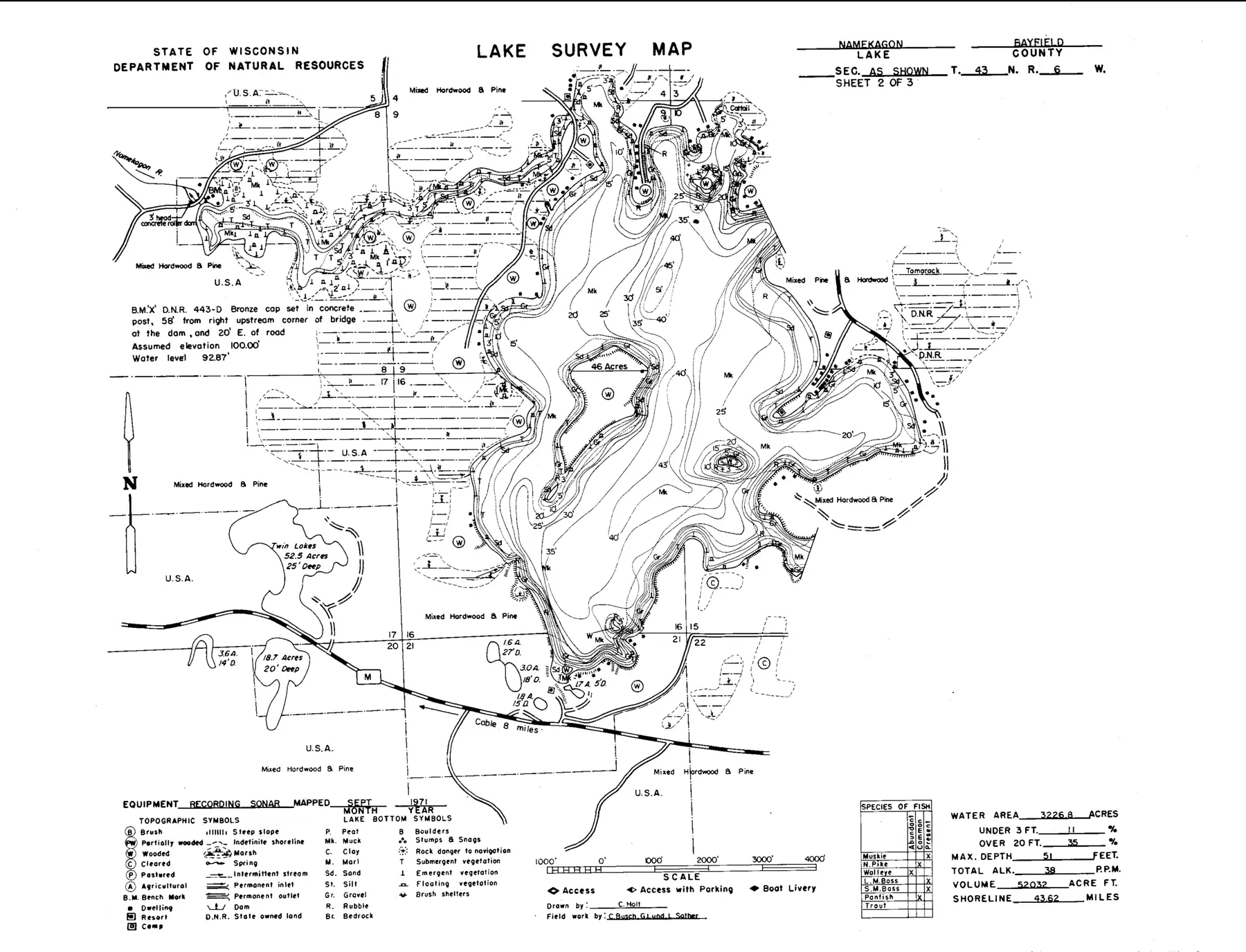 DNR survey map of Namekagon Lake, sheet 2 of 3, with depths in feet. Tap to zoom.