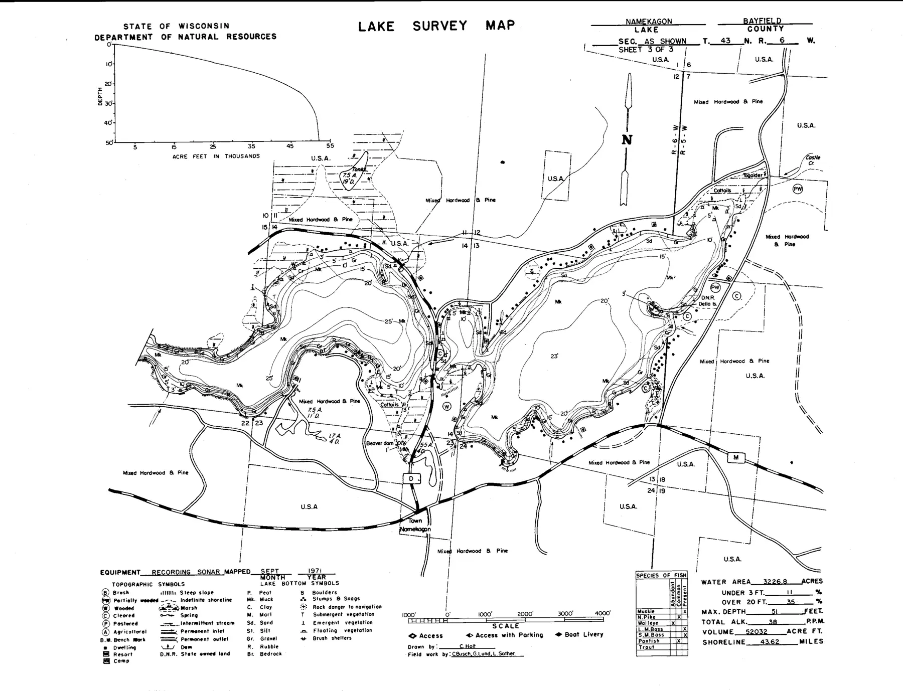 DNR survey map of Namekagon Lake, sheet 3 of 3. Tap to zoom.