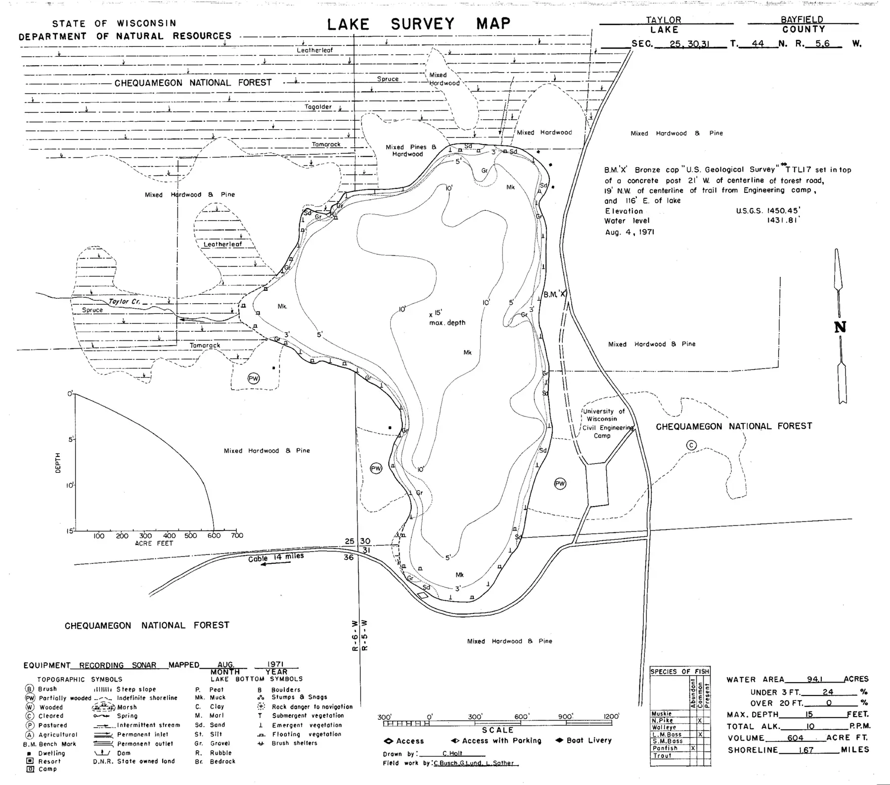 DNR survey map of Taylor Lake, with depths in feet. Tap to zoom.