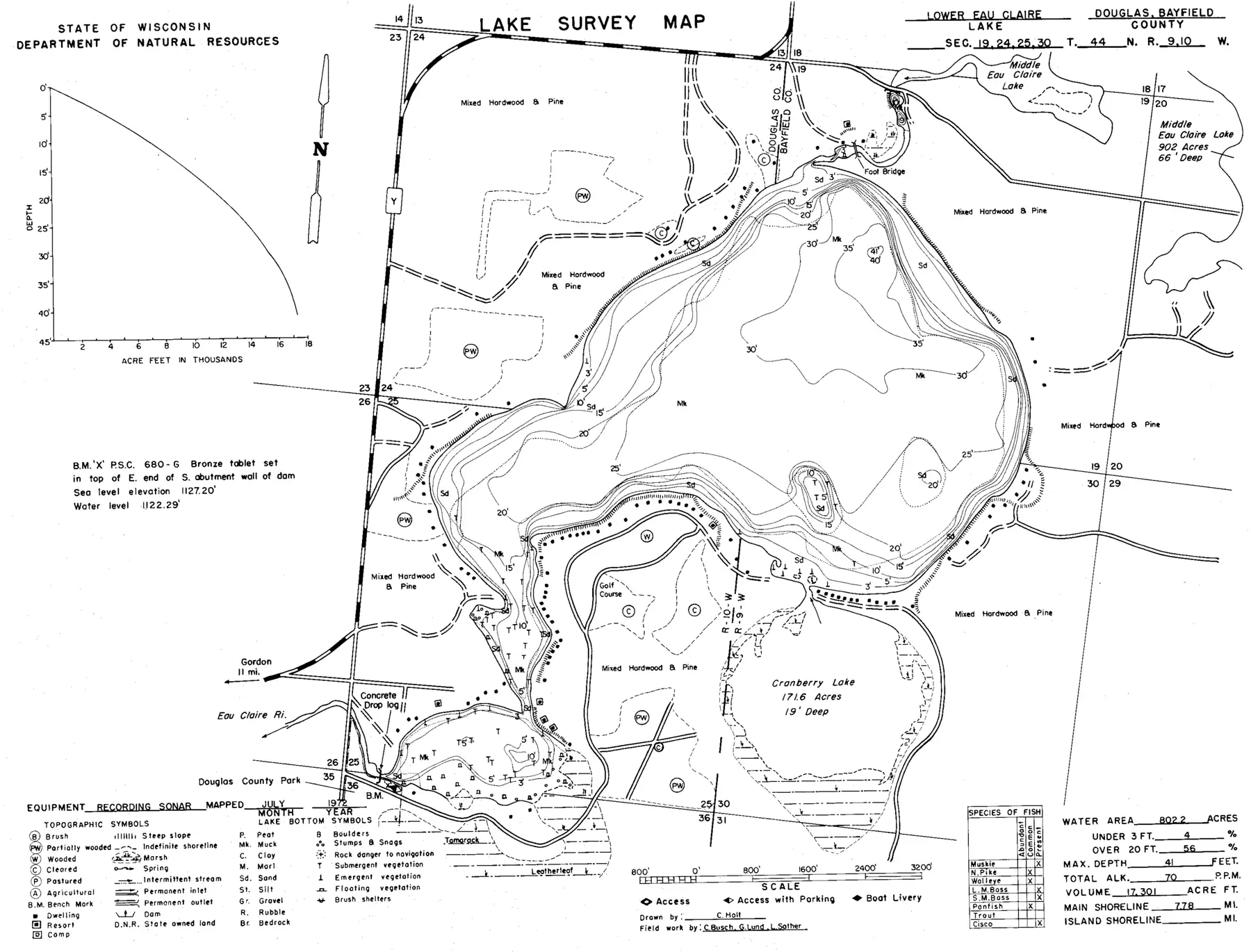 DNR survey map of Lower Eau Claire Lake, with depths in feet. Tap to zoom.