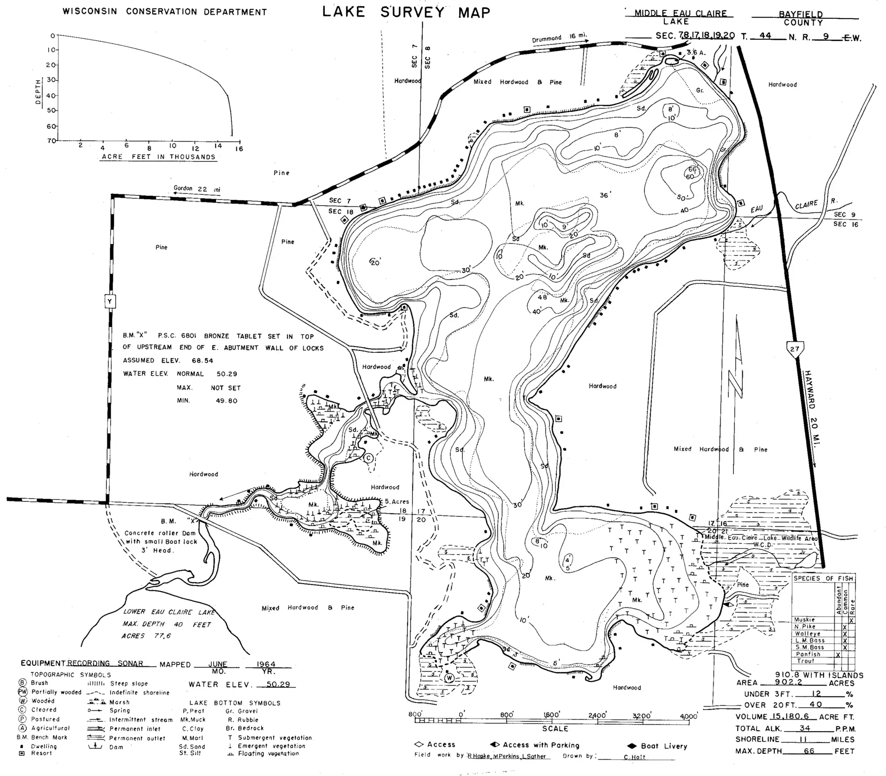 DNR survey map of Middle Eau Claire Lake, with depths in feet. Tap to zoom.