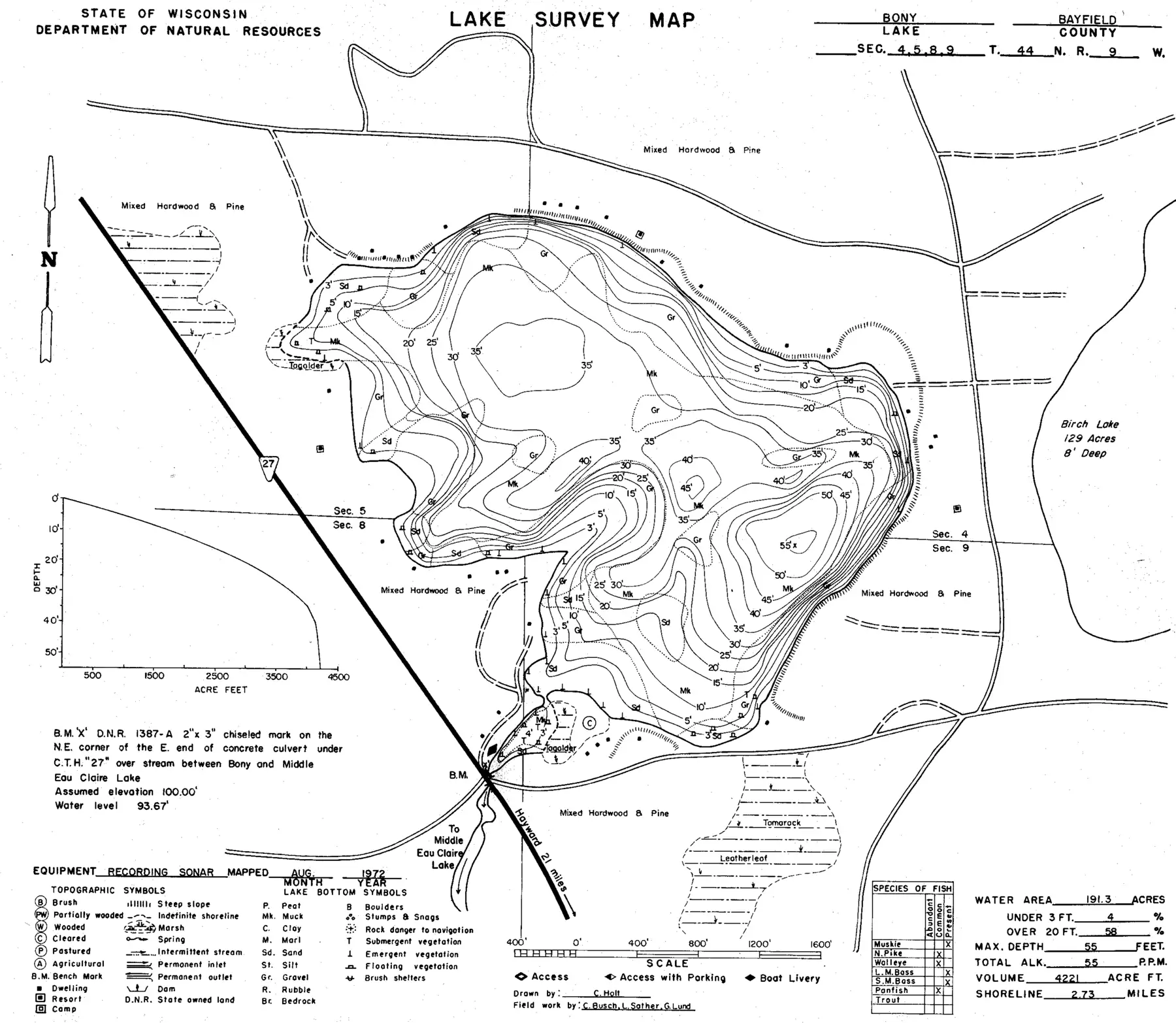 DNR survey map of Bony Lake, with depths in feet. Tap to zoom.