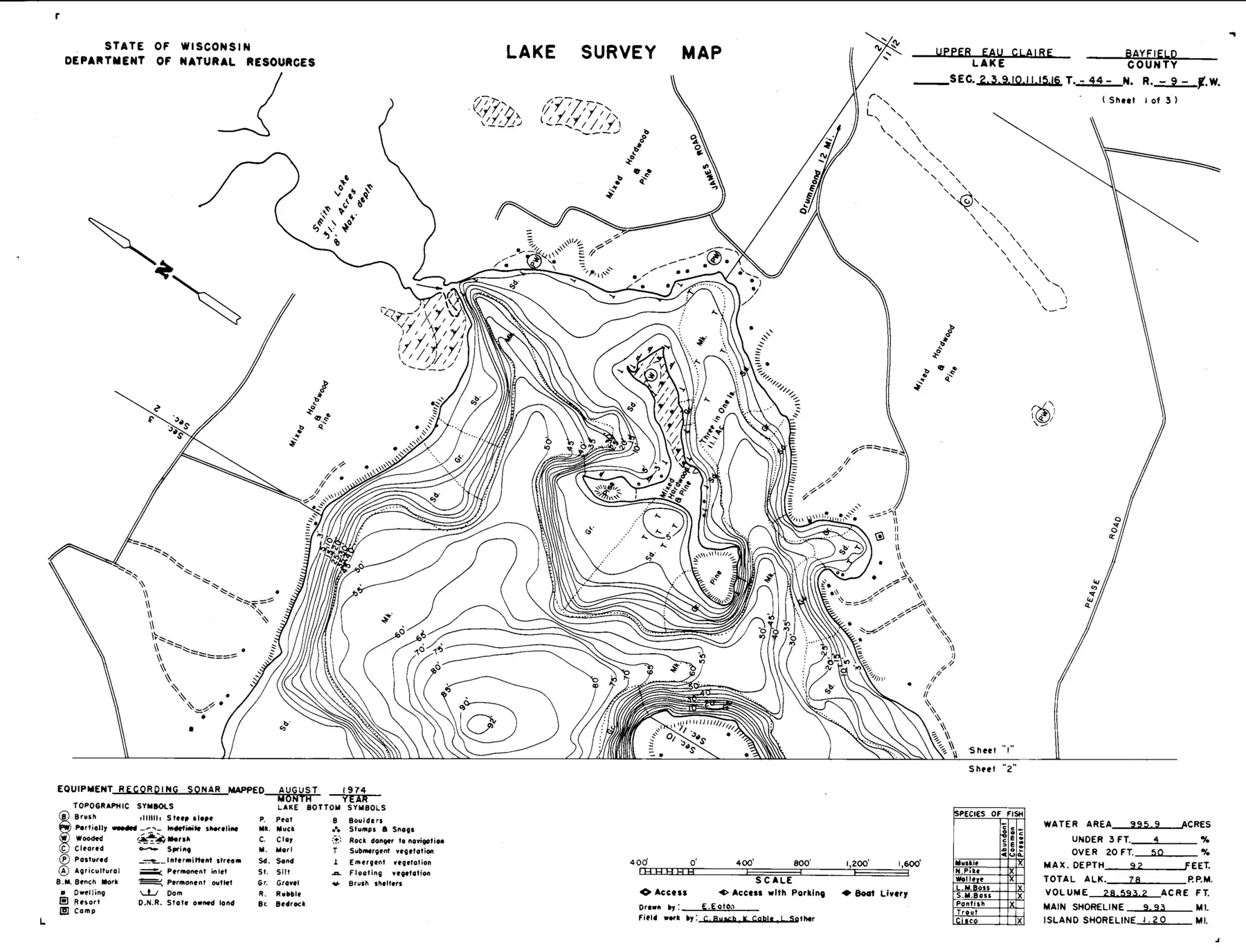 DNR survey map of Upper Eau Claire Lake, sheet 1 of 3, with depths in feet. Tap to zoom.