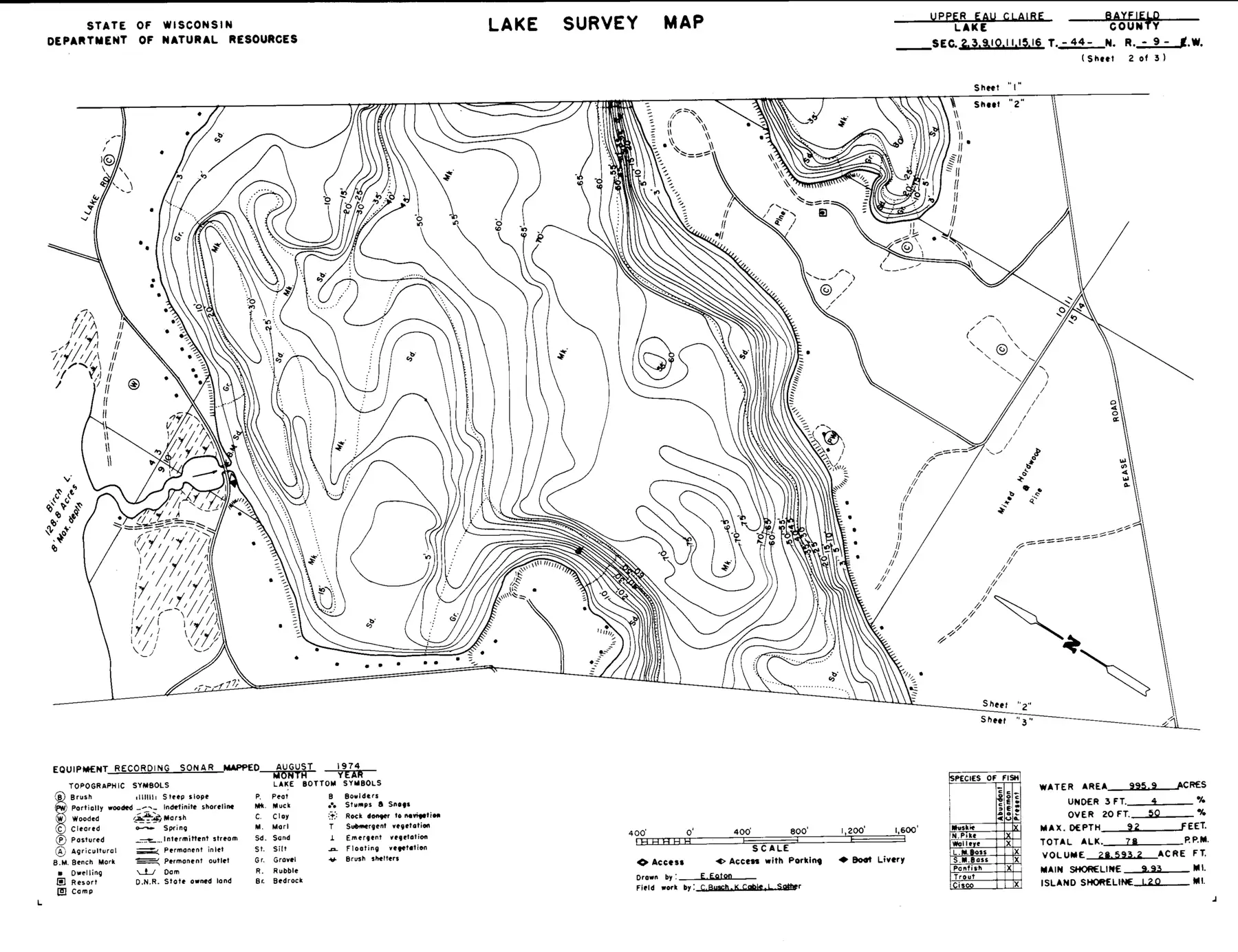 DNR survey map of Upper Eau Claire Lake, sheet 2 of 3, with depths in feet. Tap to zoom.