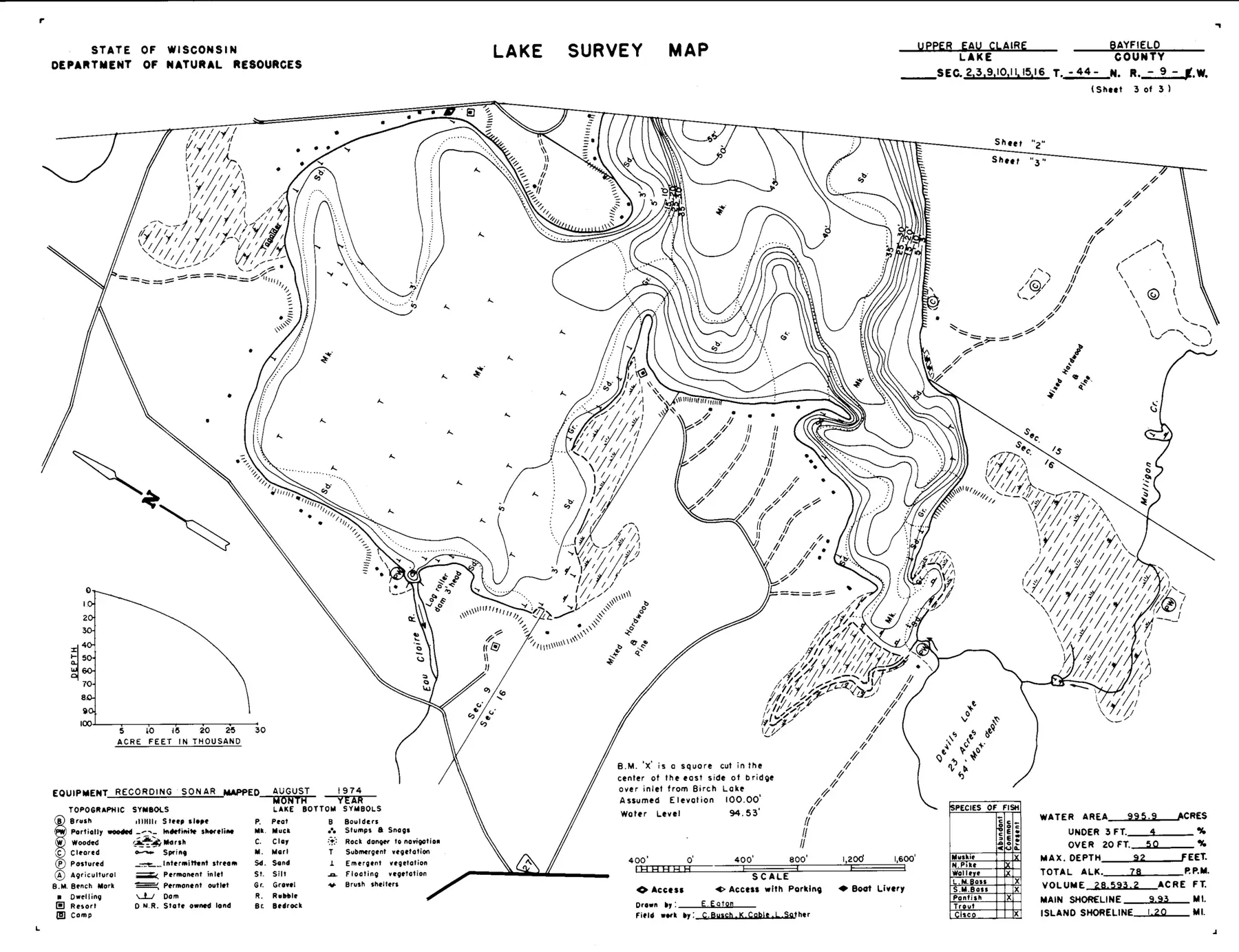 DNR survey map of Upper Eau Claire Lake, sheet 3 of 3. Tap to zoom.