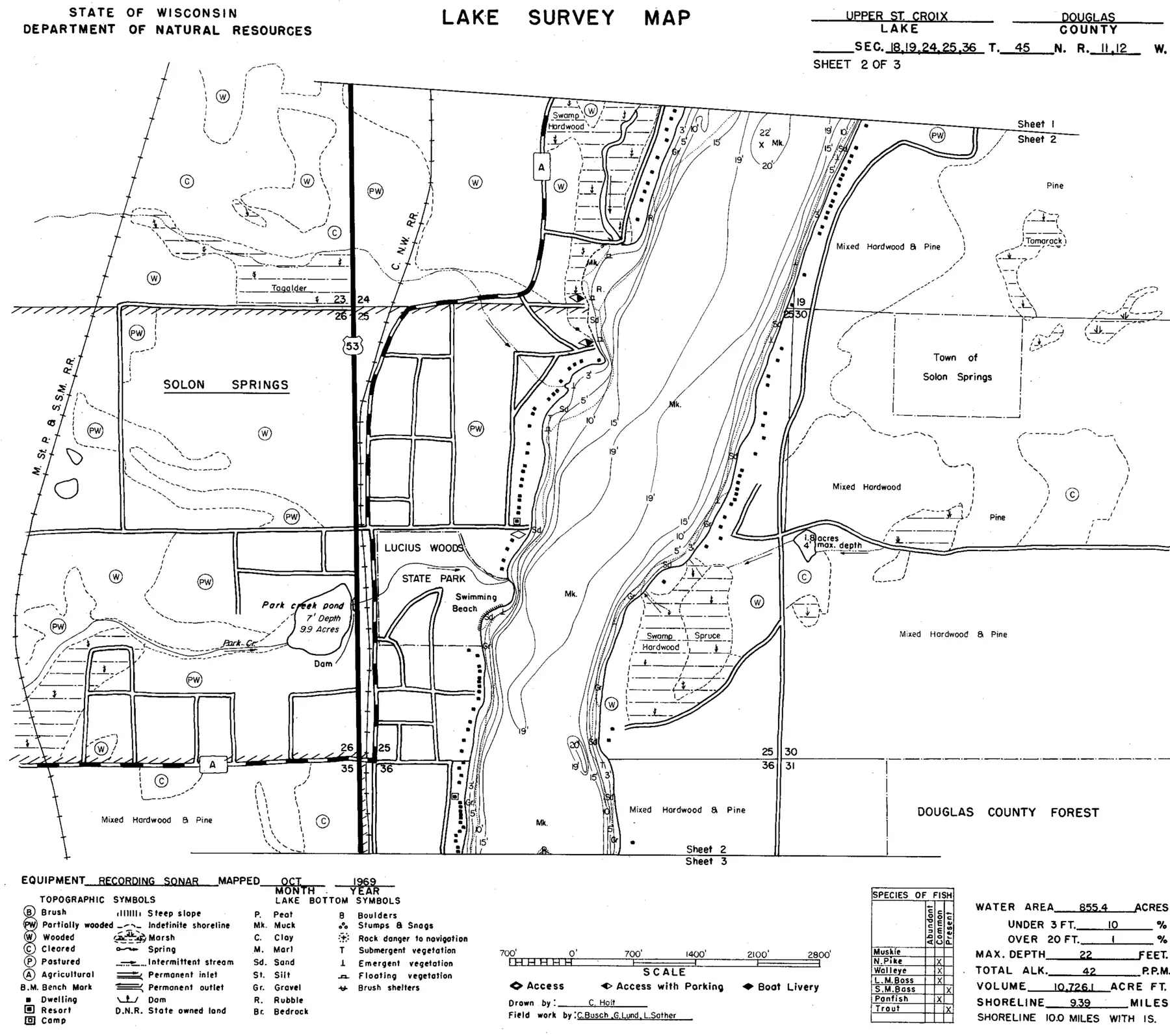 DNR survey map of Upper Saint Croix Lake, sheet 2 of 3, with depths in feet. Tap to zoom.