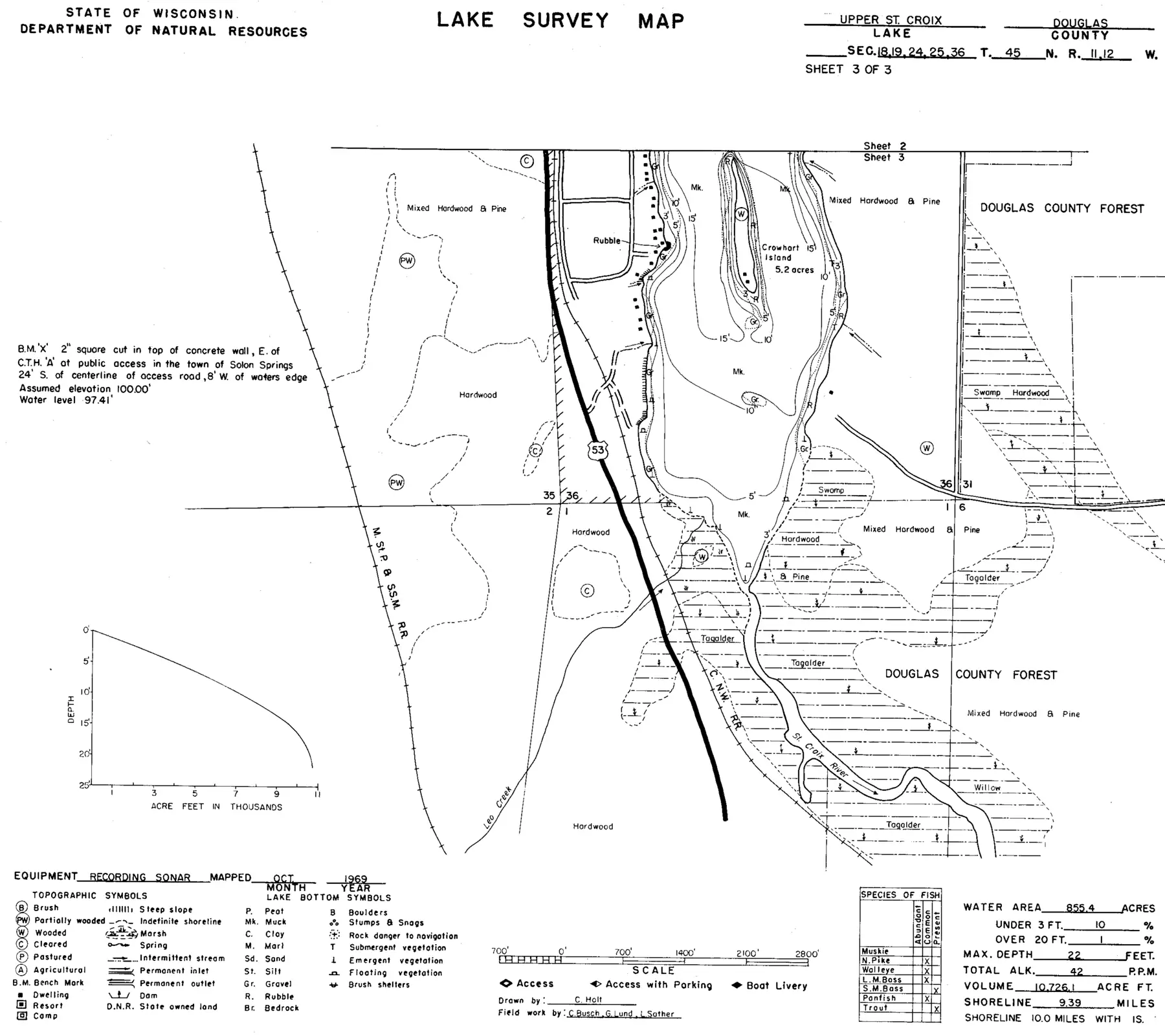 DNR survey map of Upper Saint Croix Lake, sheet 3 of 3. Tap to zoom.