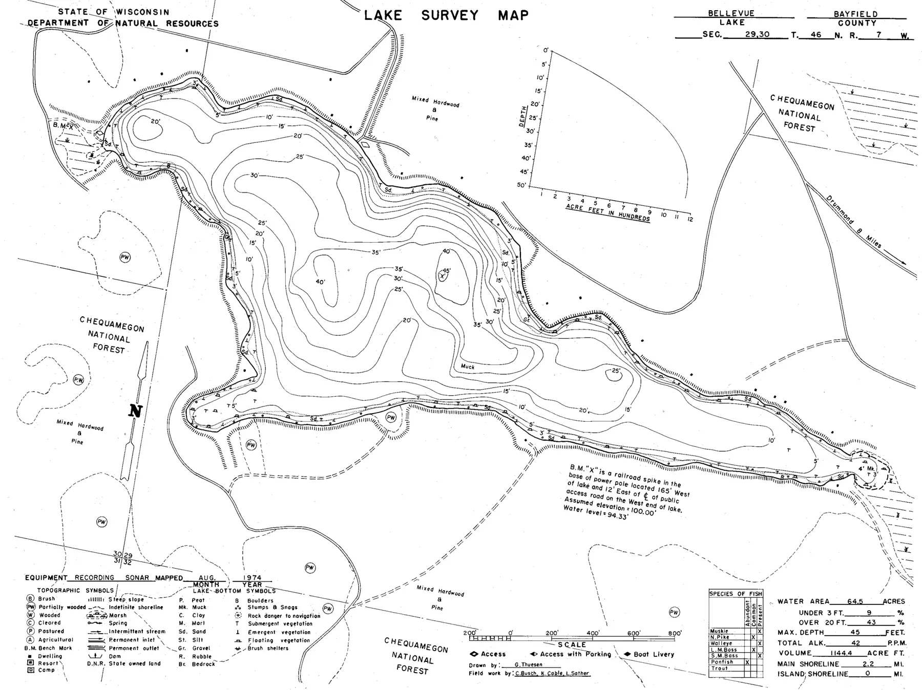 DNR survey map of Bellevue Lake, with depths in feet. Tap to zoom.