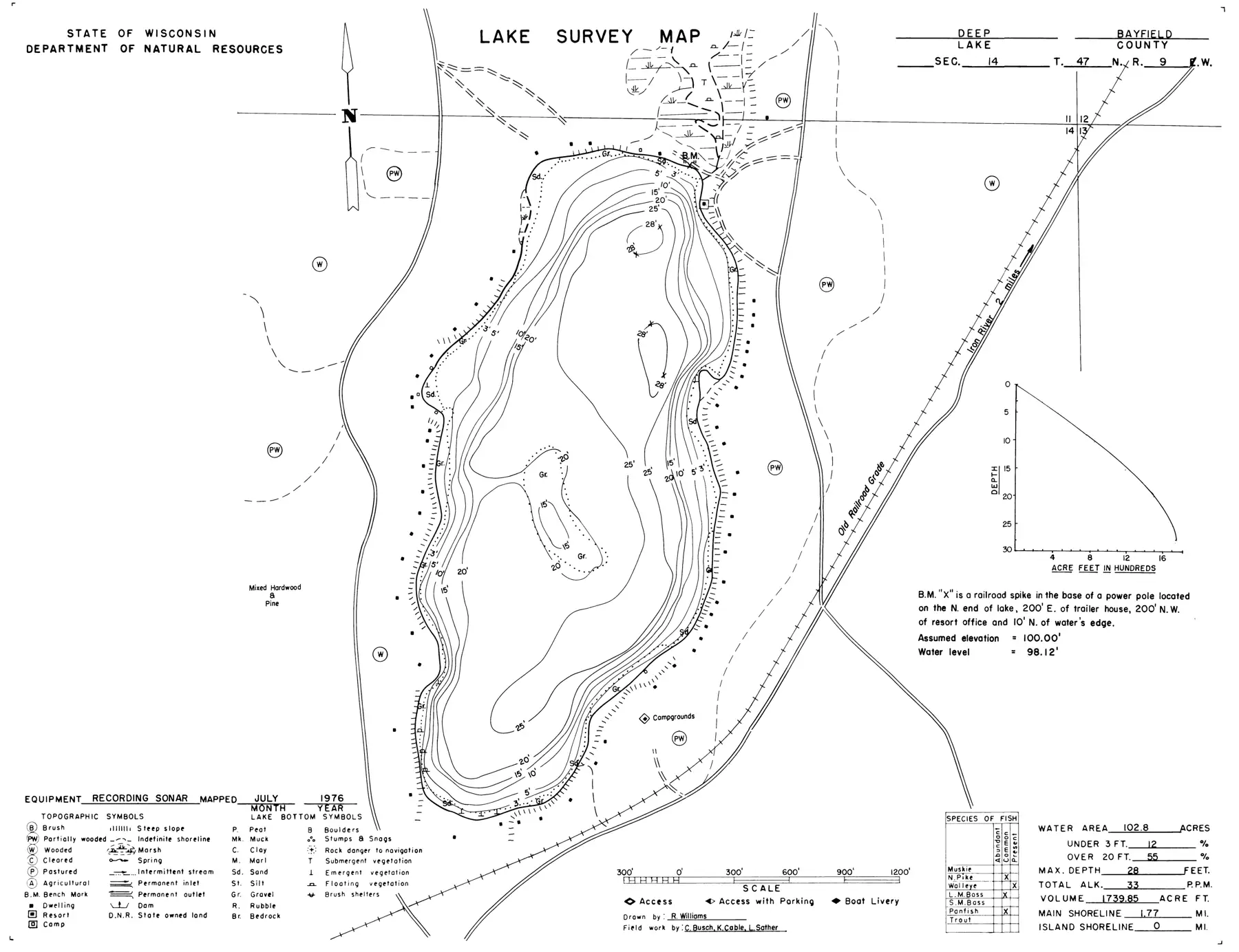 DNR survey map of Deep Lake, sheet 1 of 2, with depths in feet. Tap to zoom.