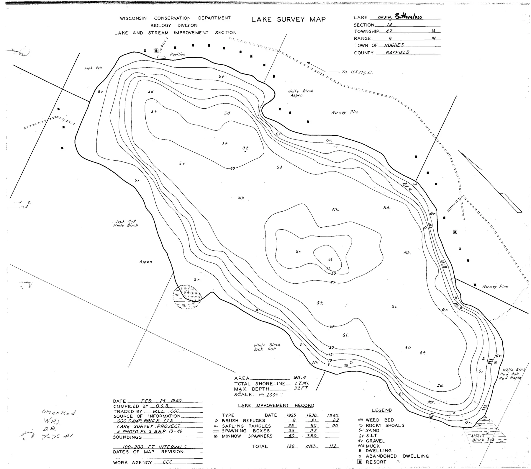 DNR survey map of Deep Lake, sheet 2 of 2, with depths in feet. Tap to zoom.