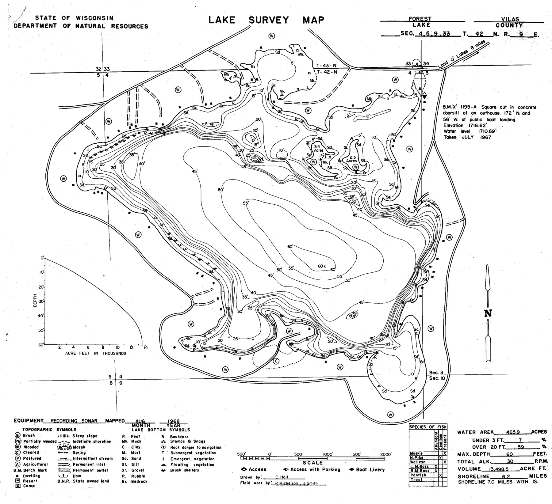 DNR survey map of Forest Lake, with depths in feet. Tap to zoom.