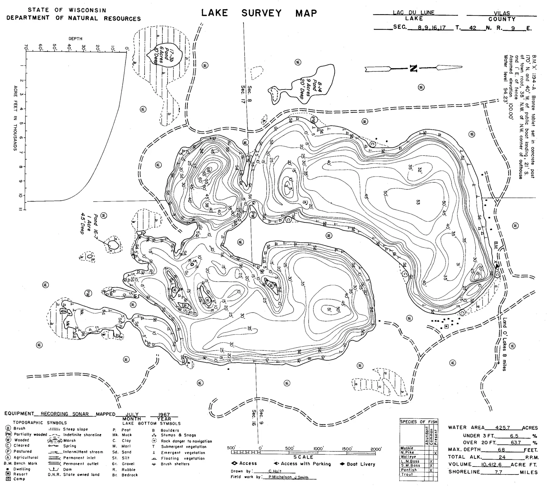DNR survey map of Lac du Lune, with depths in feet. Tap to zoom.