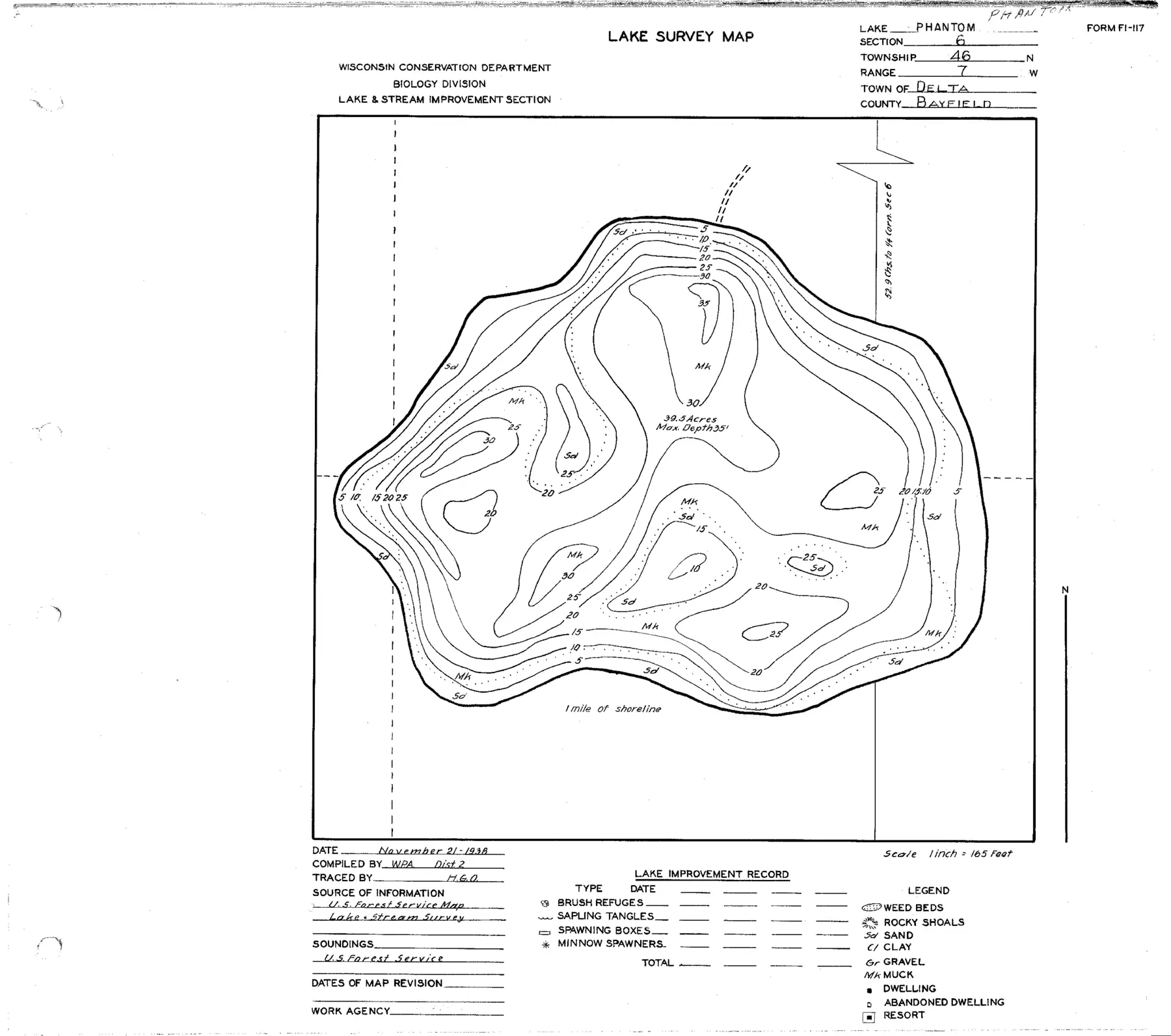 DNR survey map of Phantom Lake, with depths in feet. Tap to zoom.