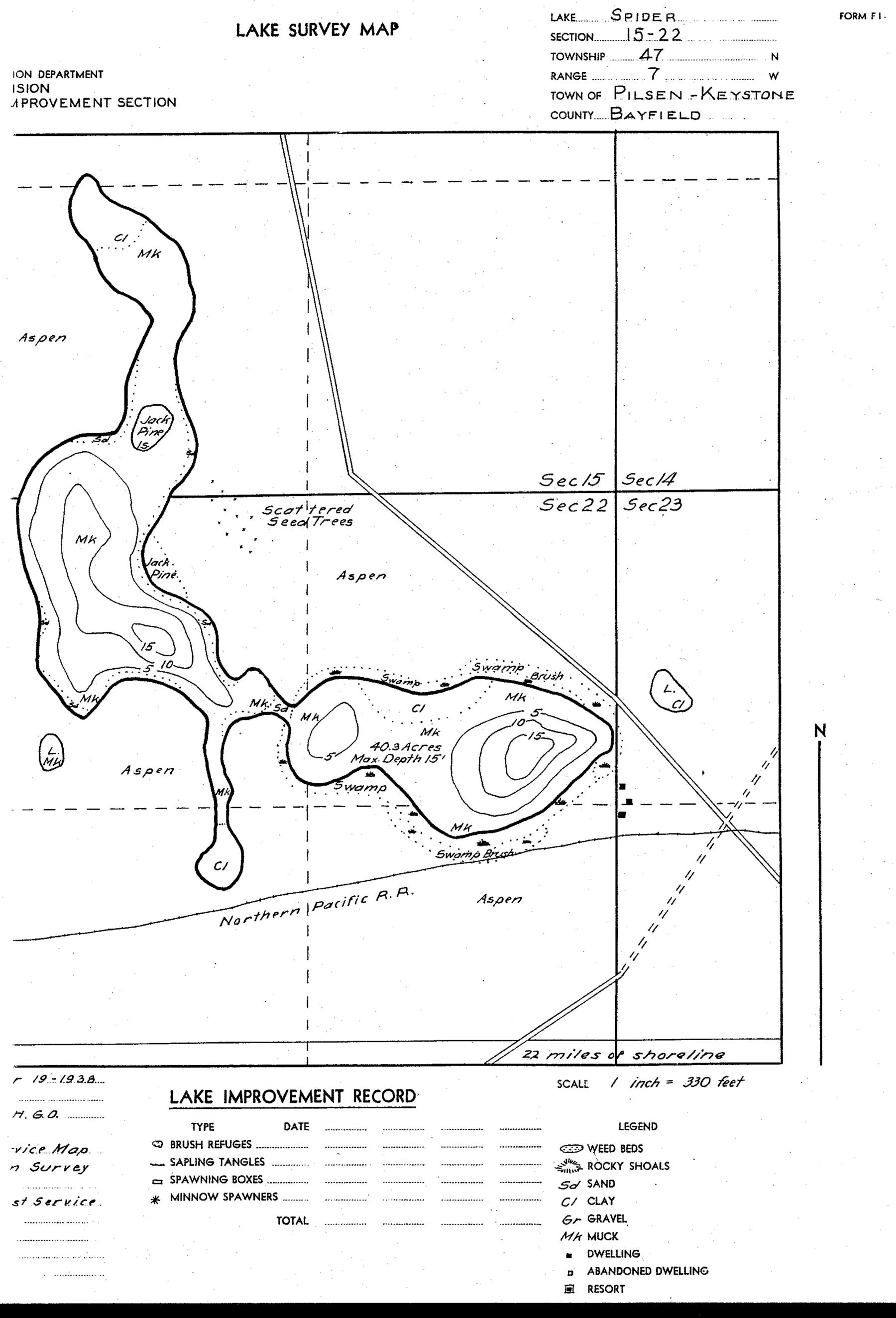 DNR survey map of Spider Lake, sheet 2 of 2, with depths in feet. Tap to zoom.