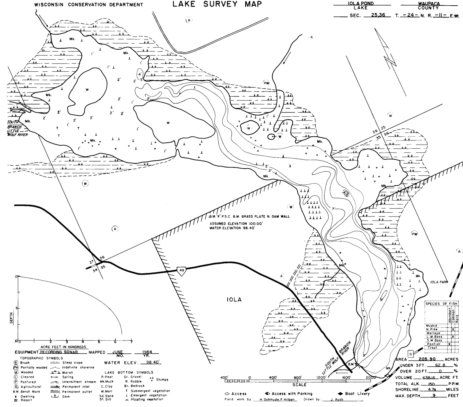 DNR survey map of Iola Lake, with depths in feet. Tap to zoom.