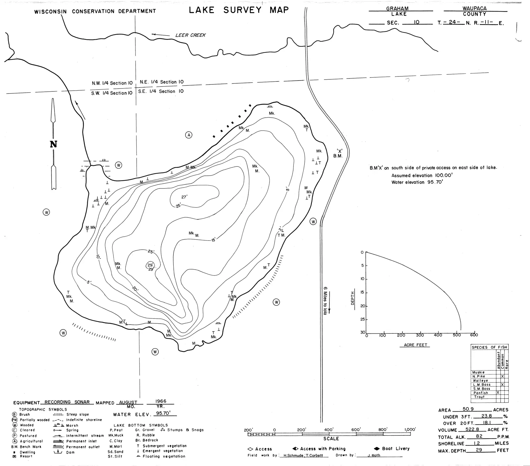 DNR survey map of Graham Lake, with depths in feet. Tap to zoom.