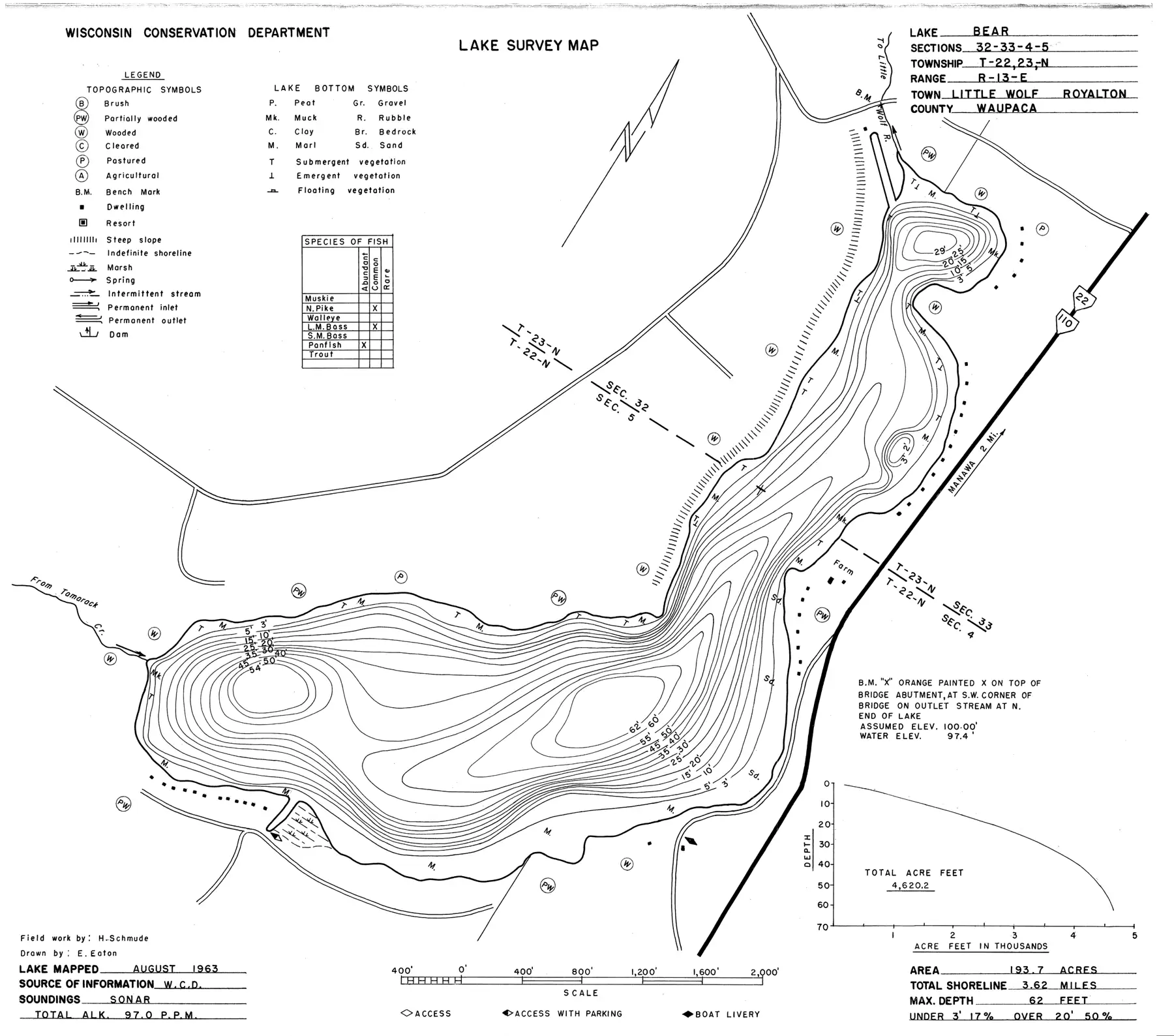 DNR survey map of Bear Lake, with depths in feet. Tap to zoom.