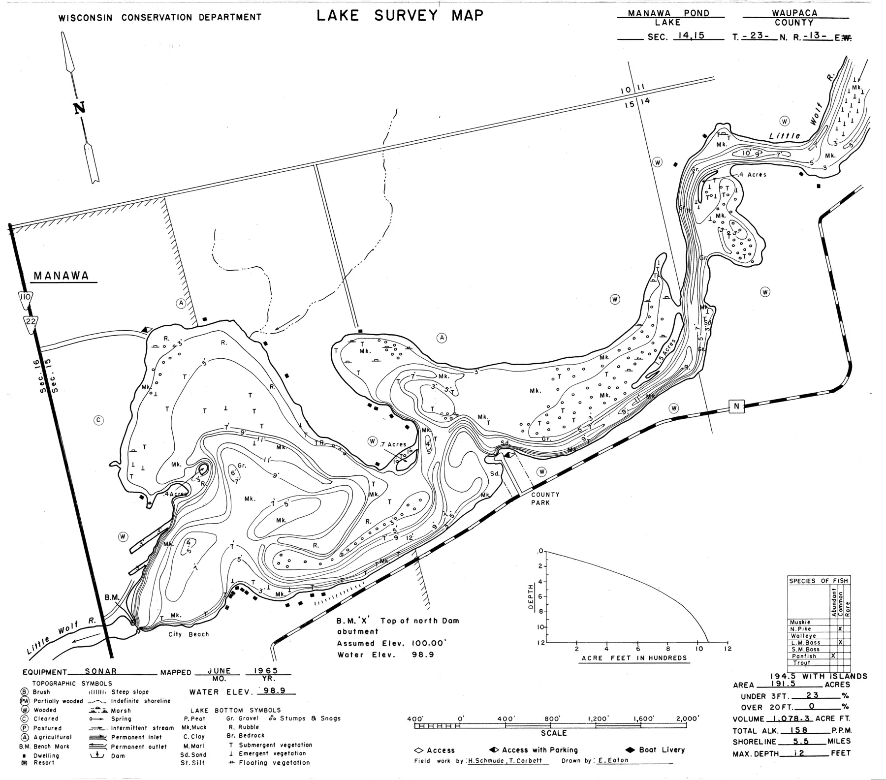 DNR survey map of Manawa Millpond, with depths in feet. Tap to zoom.
