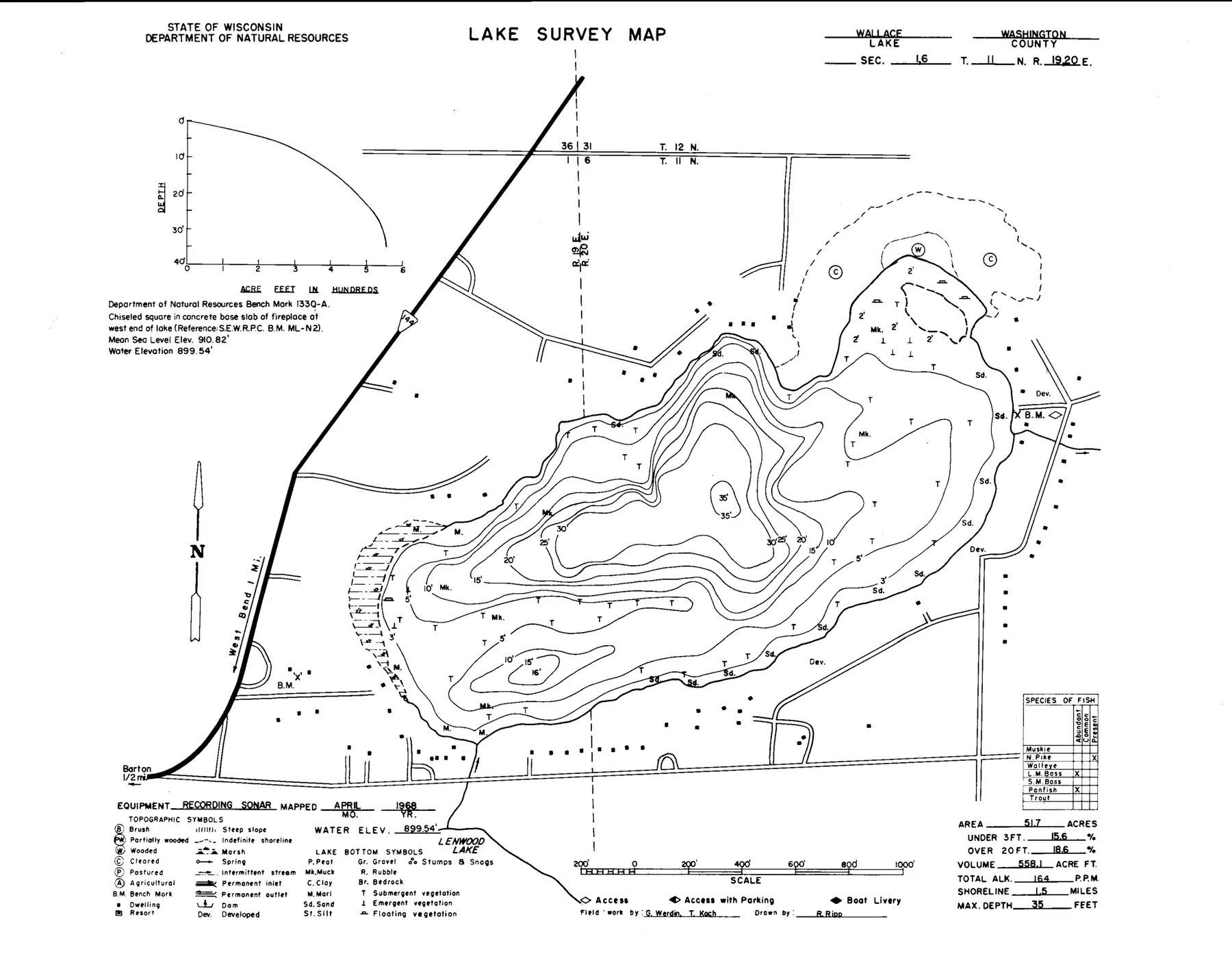 DNR survey map of Wallace Lake, with depths in feet. Tap to zoom.