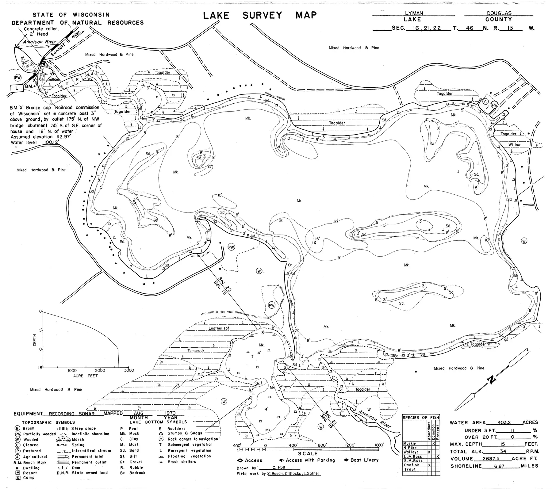 DNR survey map of Lyman Lake, with depths in feet. Tap to zoom.
