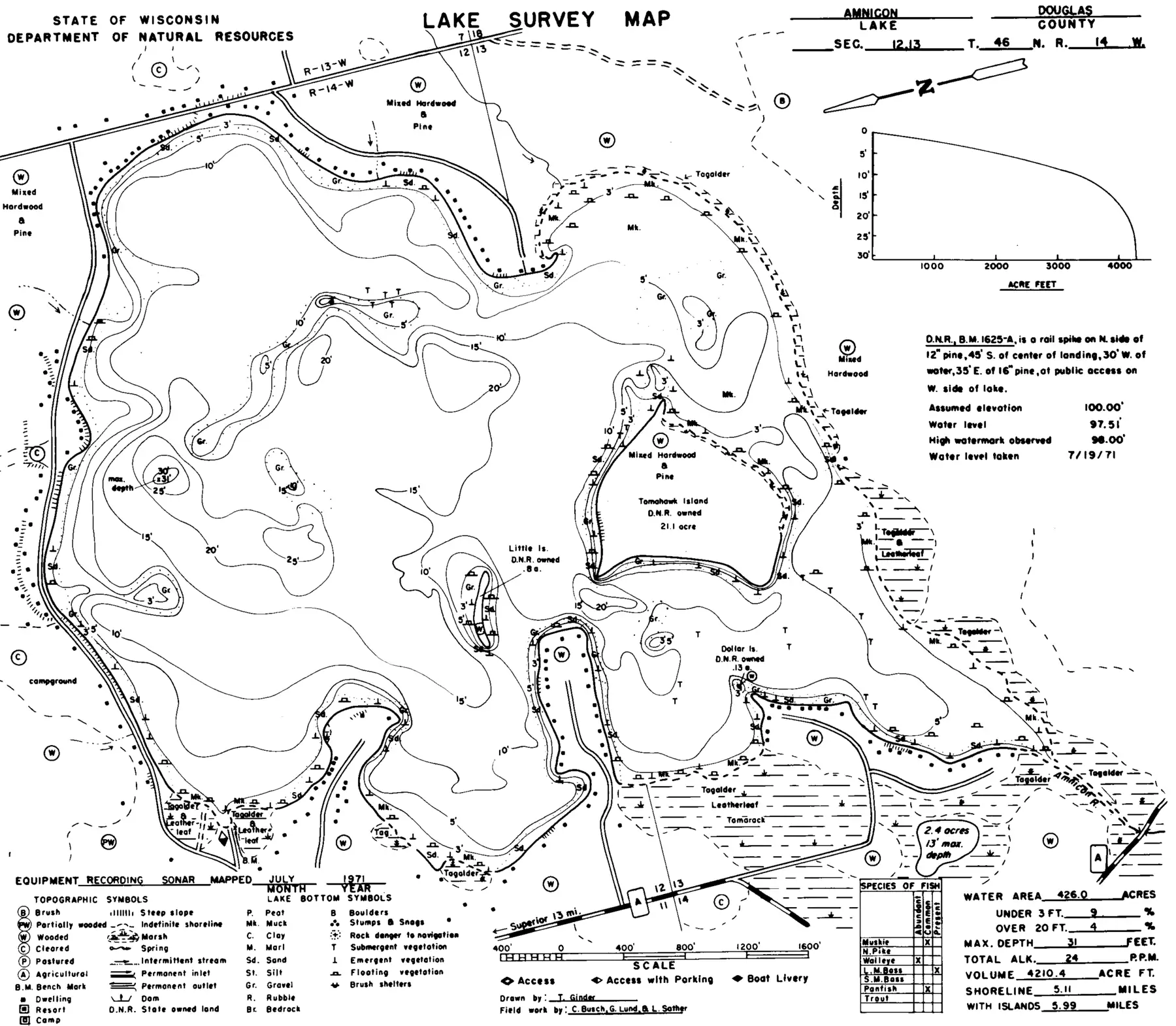 DNR survey map of Amnicon Lake, with depths in feet. Tap to zoom.