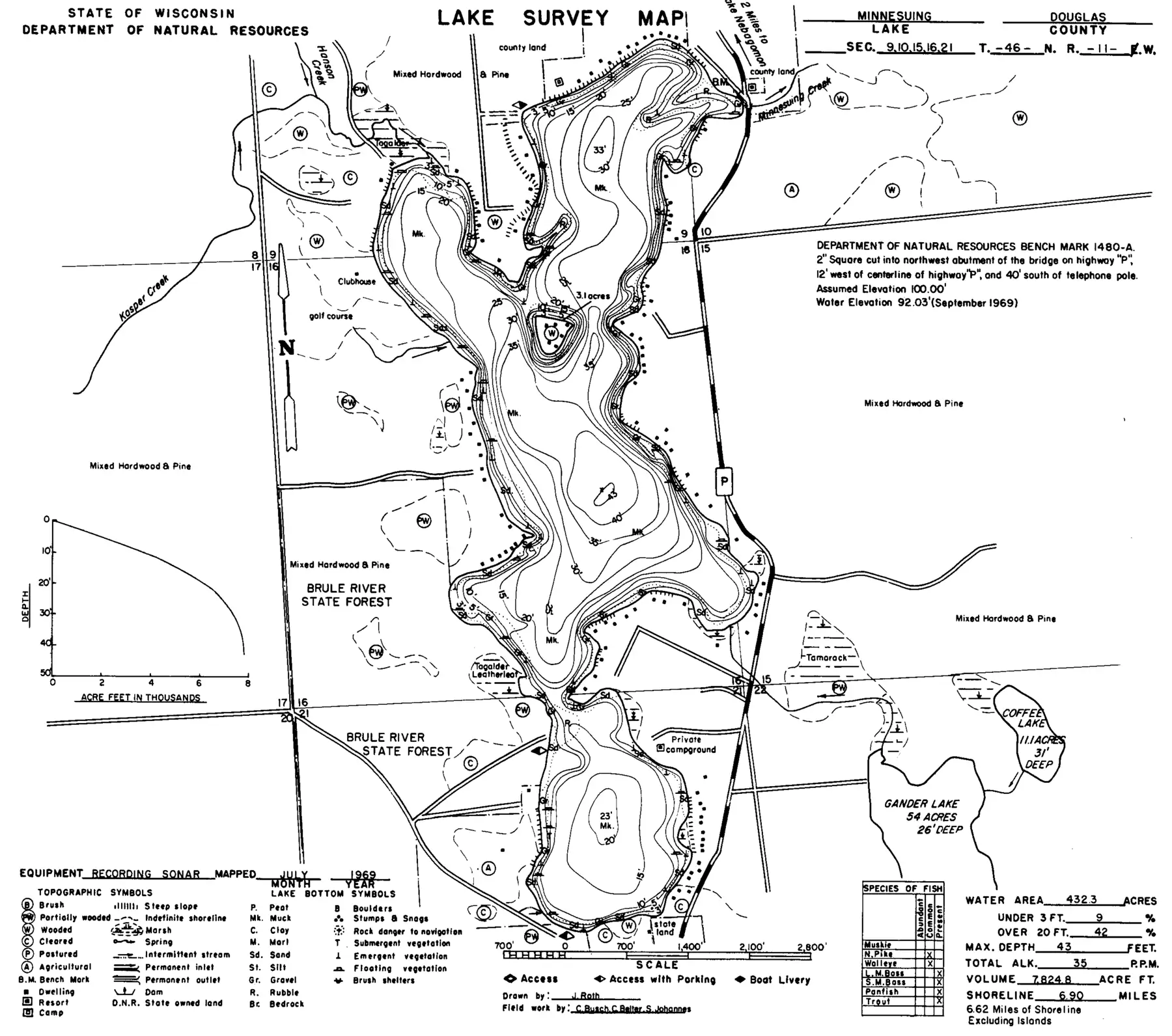 DNR survey map of Lake Minnesuing, with depths in feet. Tap to zoom.