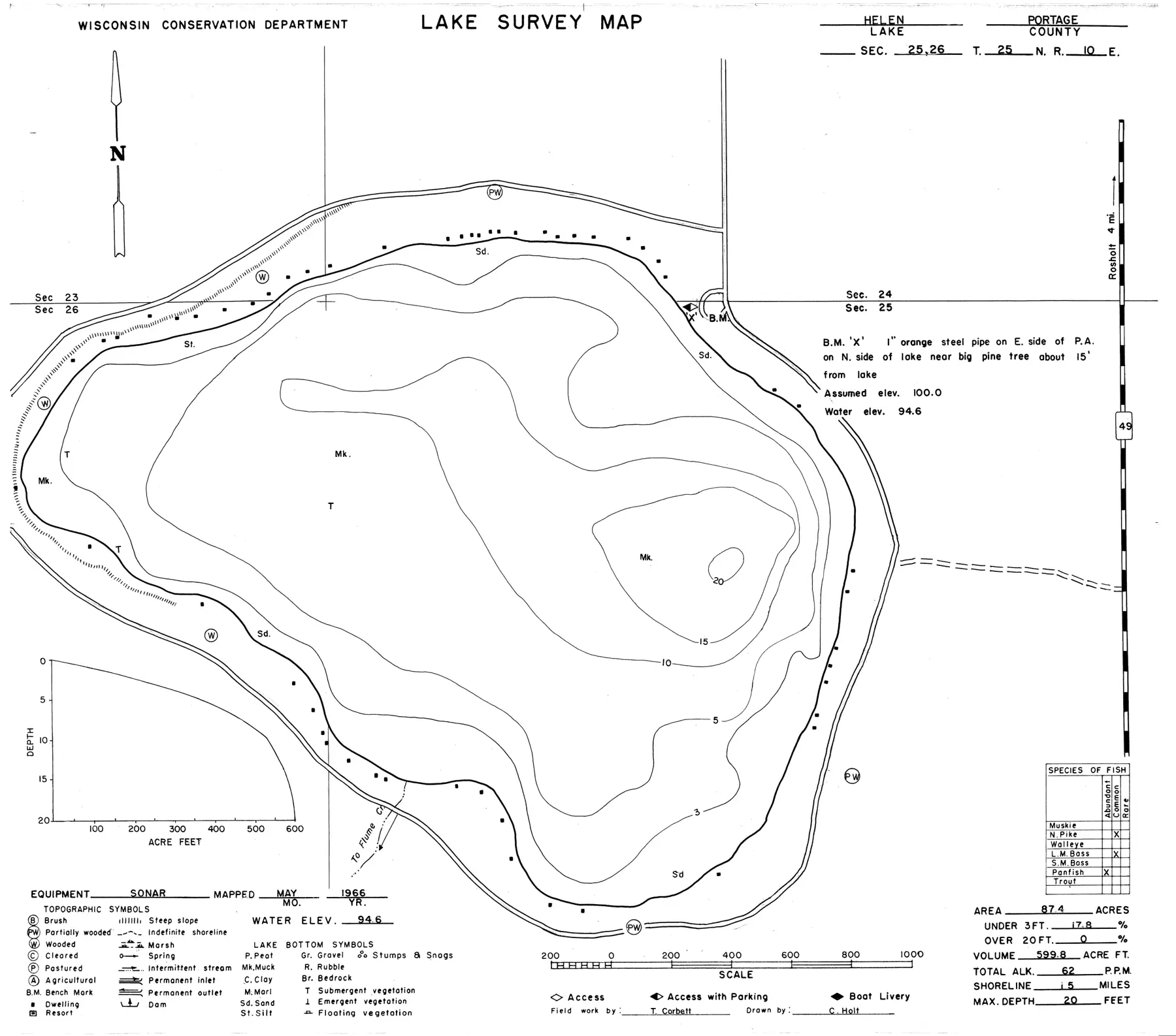 DNR survey map of Lake Helen, with depths in feet. Tap to zoom.