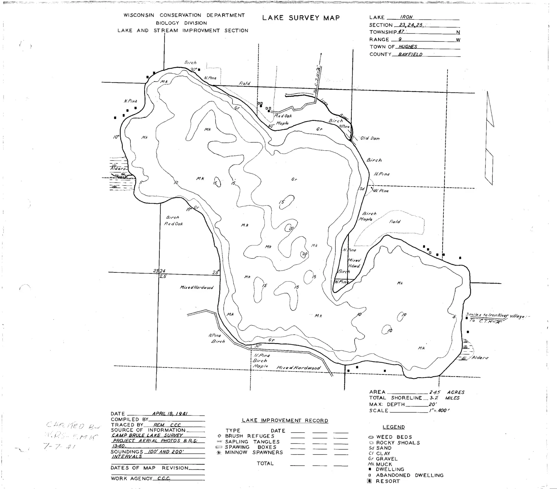DNR survey map of Iron Lake, with depths in feet. Tap to zoom.