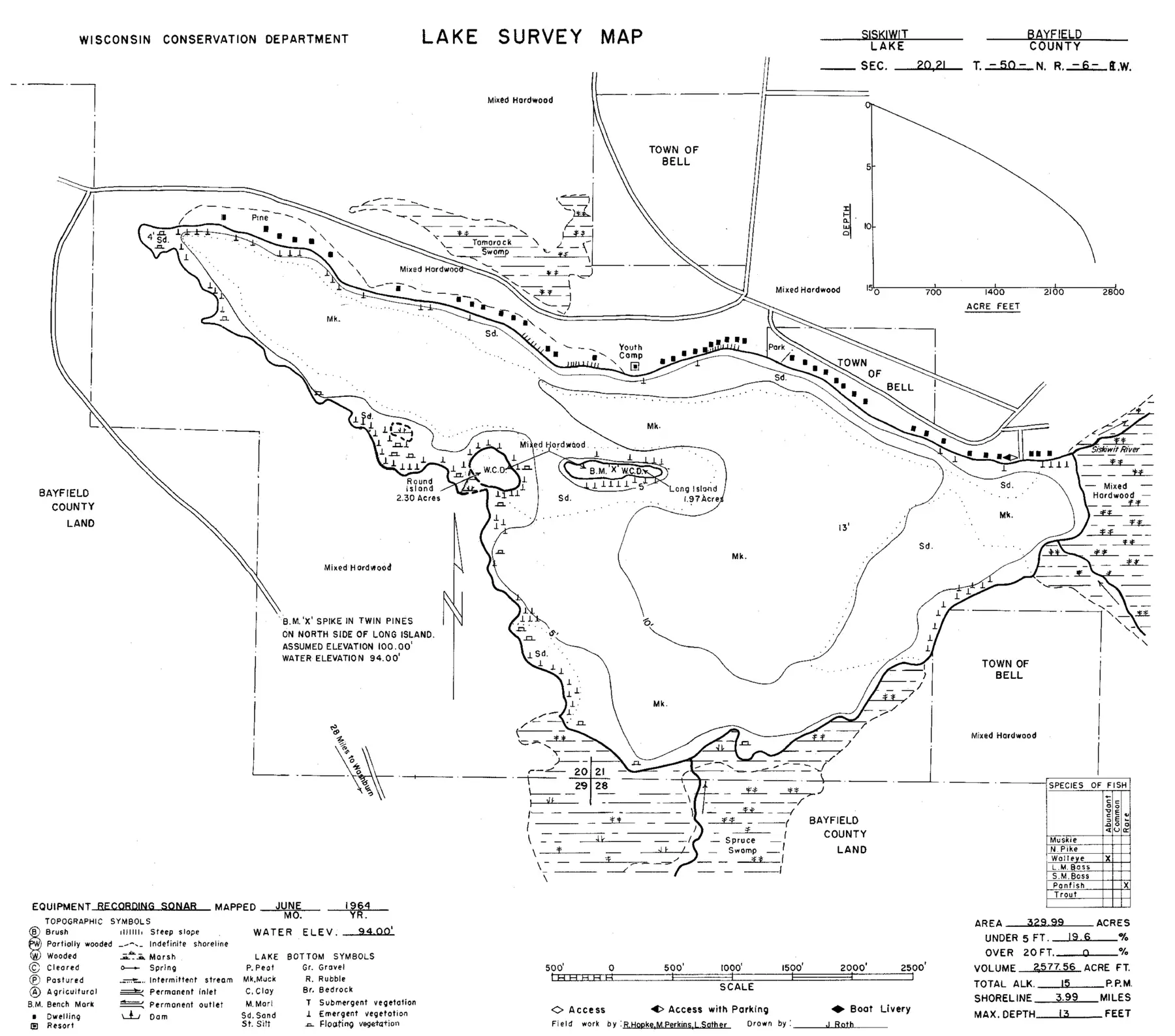 DNR survey map of Siskiwit Lake, with depths in feet. Tap to zoom.