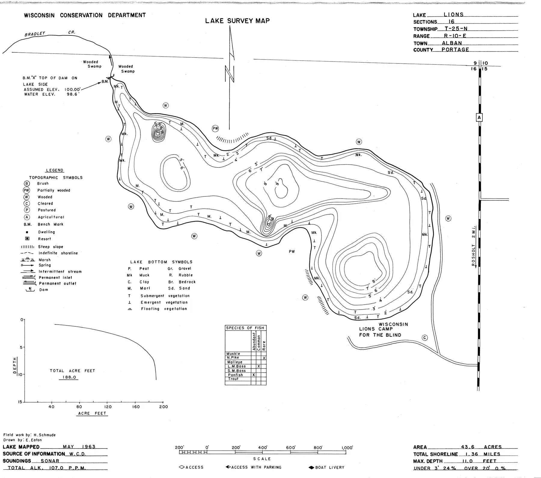DNR survey map of Lions Lake, with depths in feet. Tap to zoom.