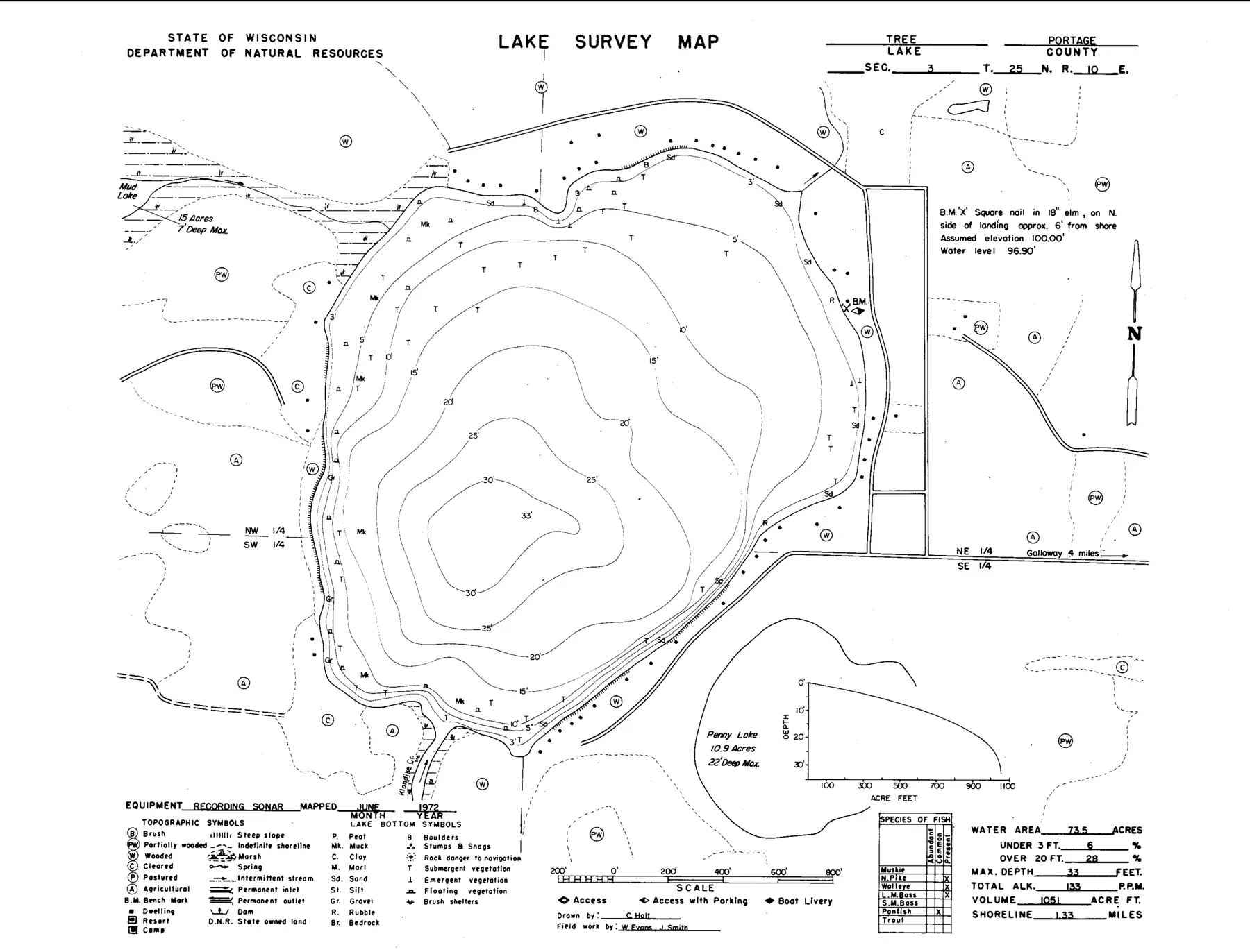 DNR survey map of Tree Lake, with depths in feet. Tap to zoom.