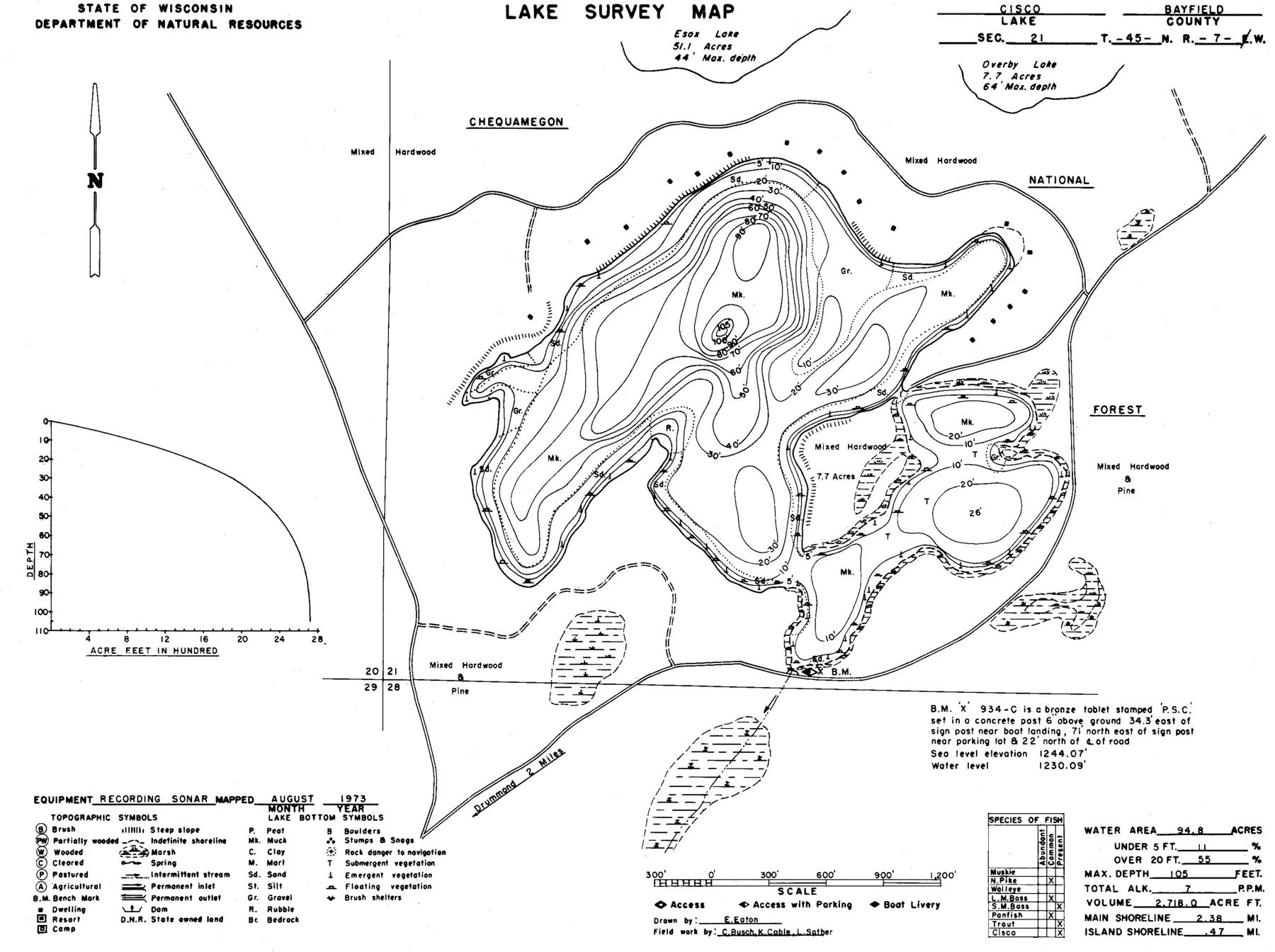 DNR survey map of Cisco Lake, with depths in feet. Tap to zoom.