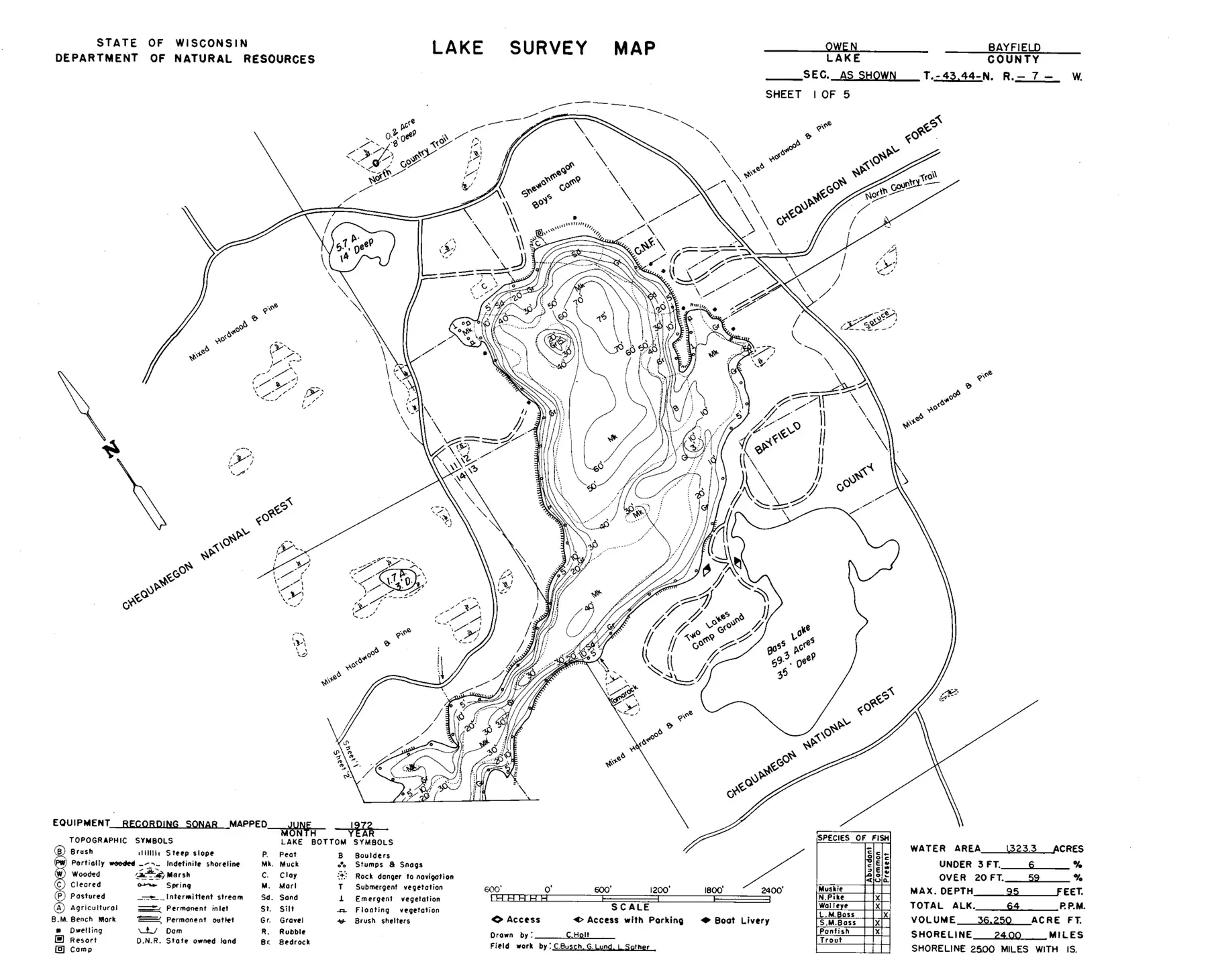 DNR survey map of Lake Owen, sheet 1 of 5, with depths in feet. Tap to zoom.