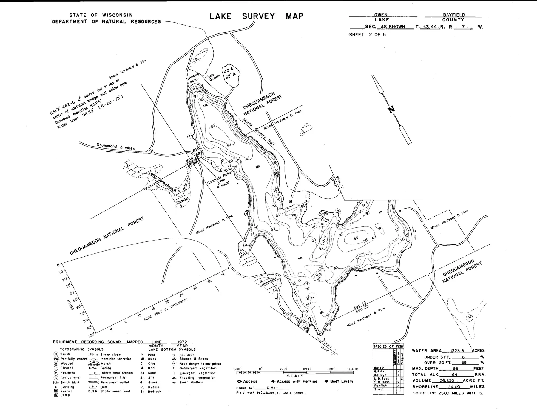DNR survey map of Lake Owen, sheet 2 of 5, with depths in feet. Tap to zoom.
