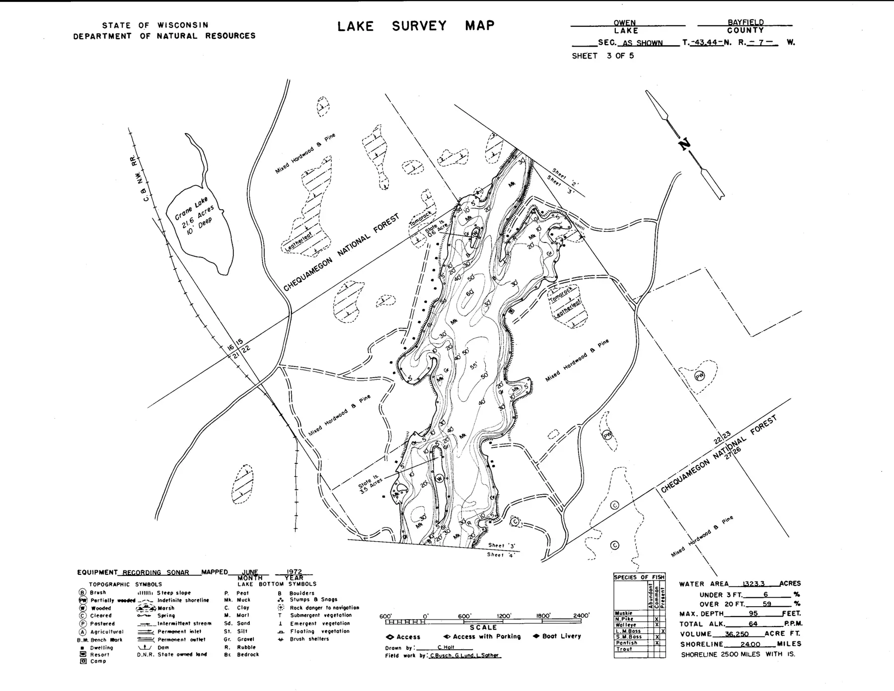 DNR survey map of Lake Owen, sheet 3 of 5. Tap to zoom.