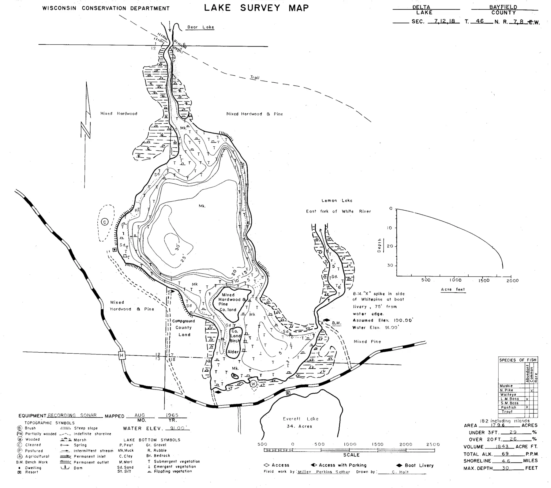 DNR survey map of Lake Delta, with depths in feet. Tap to zoom.