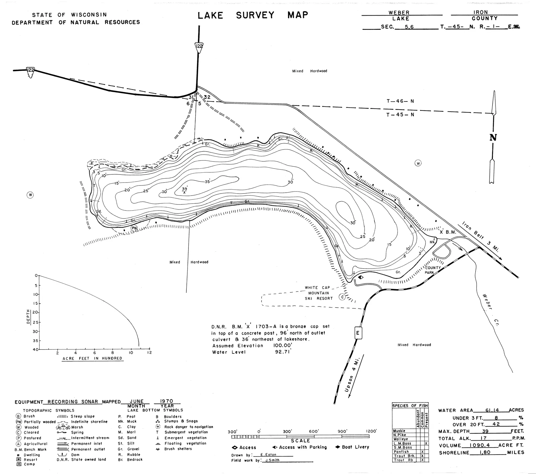 DNR survey map of Weber Lake, with depths in feet. Tap to zoom.