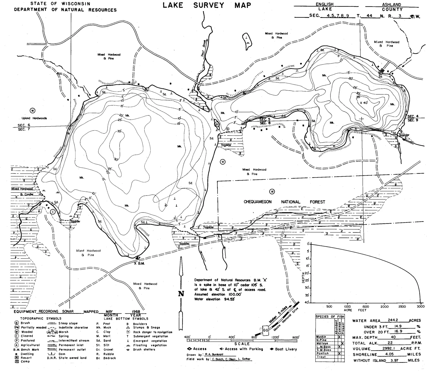 DNR survey map of English Lake, with depths in feet. Tap to zoom.