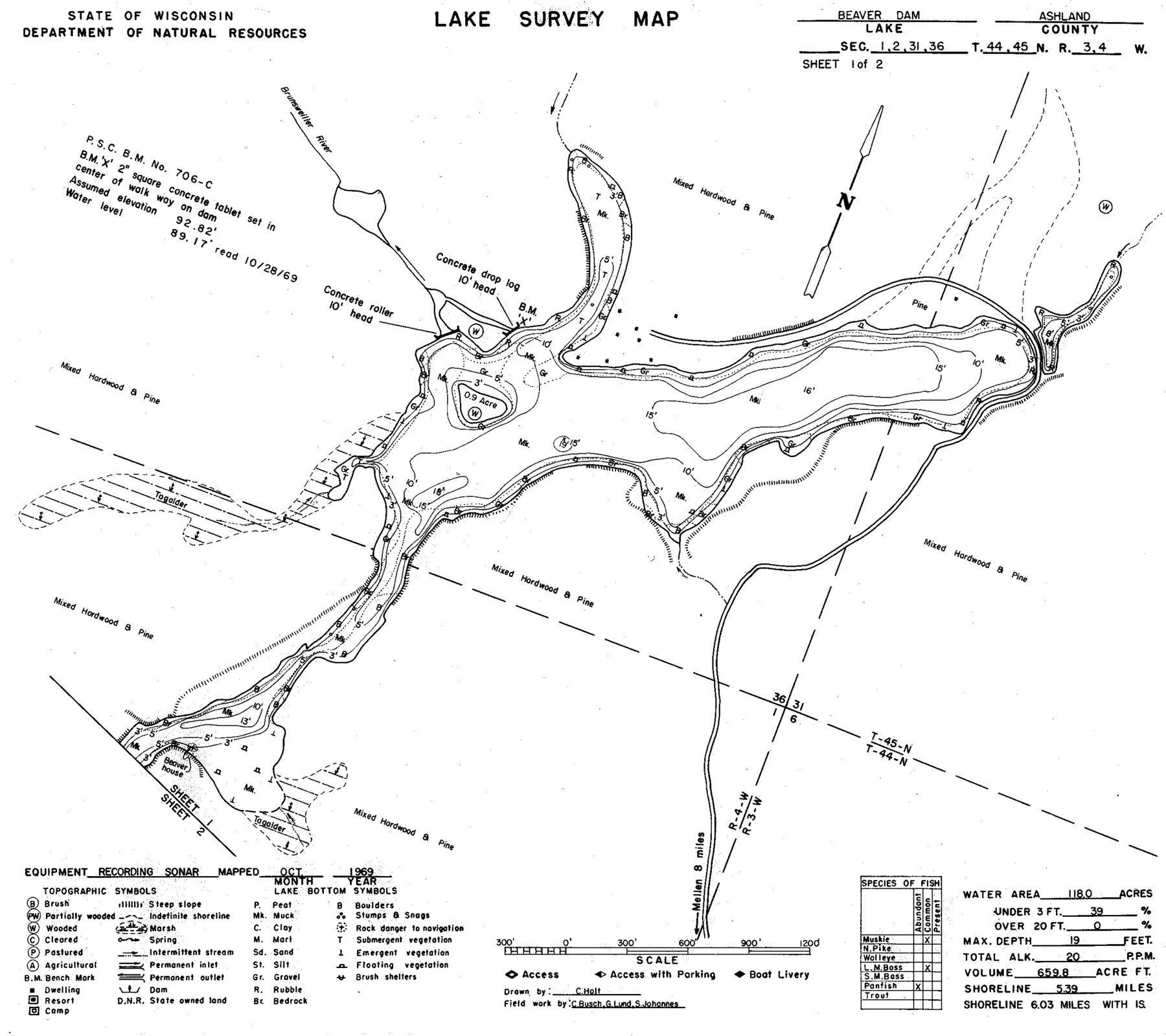 DNR survey map of Beaverdam Lake, sheet 1 of 2, with depths in feet. Tap to zoom.
