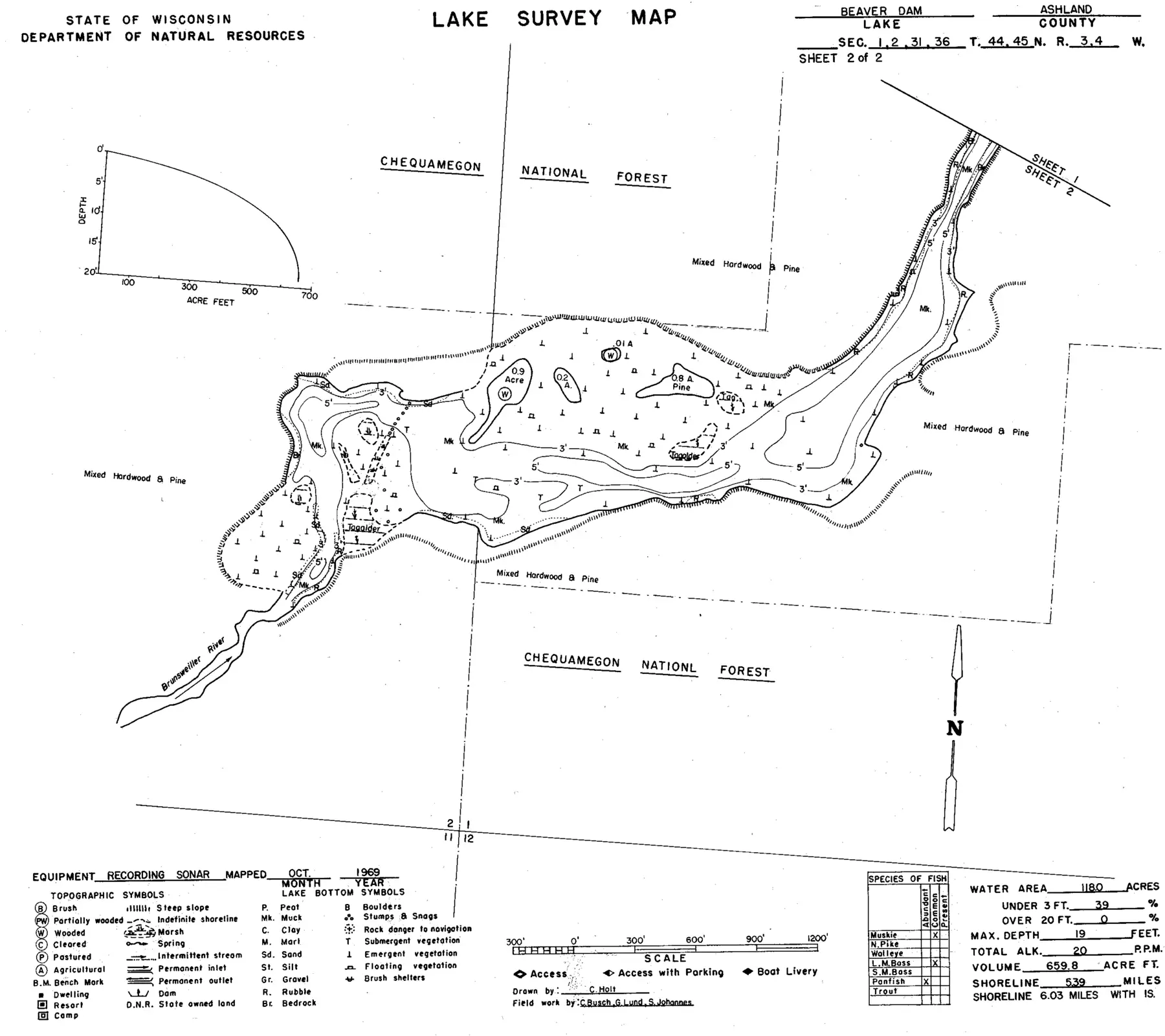 DNR survey map of Beaverdam Lake, sheet 2 of 2, with depths in feet. Tap to zoom.