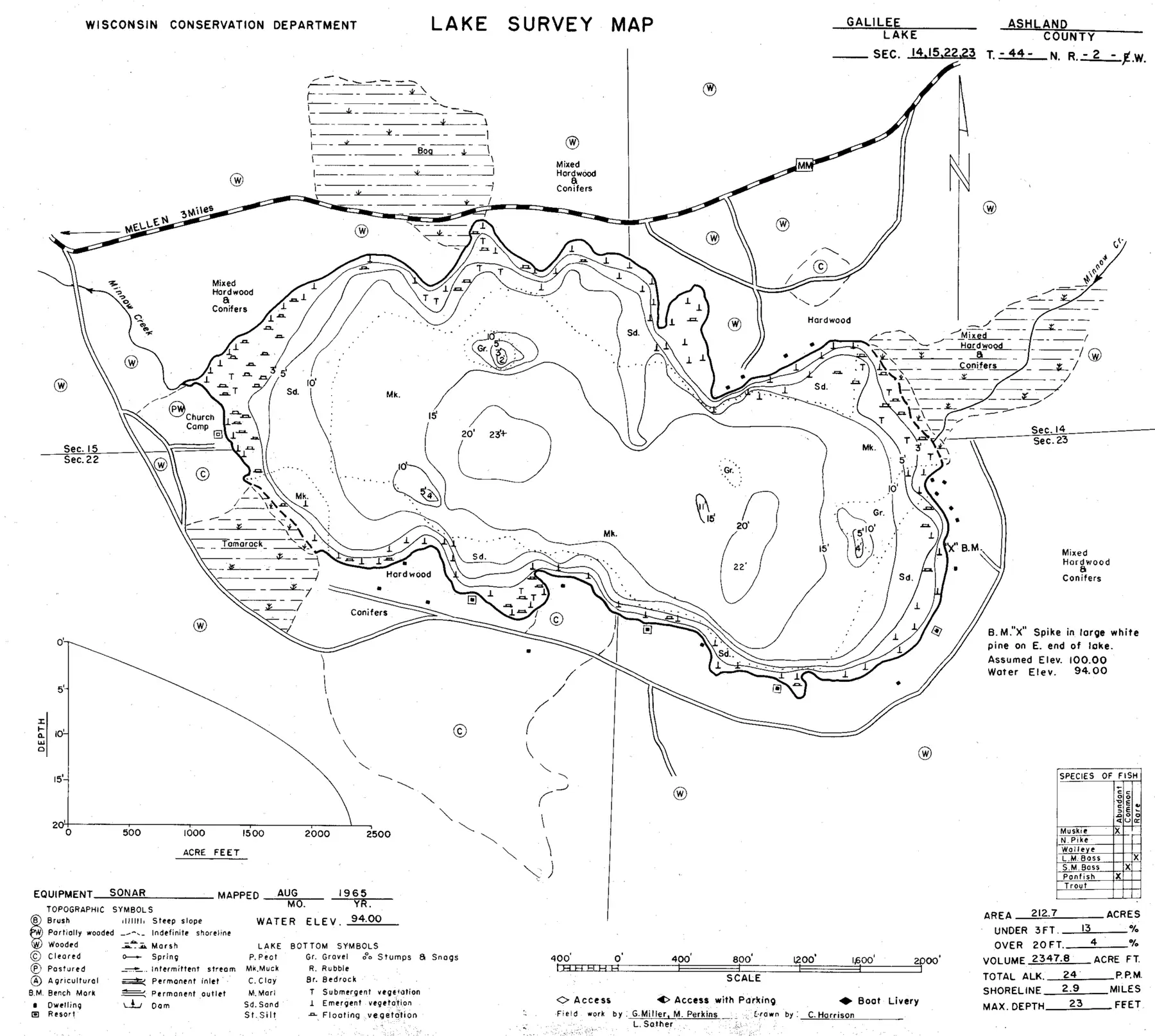DNR survey map of Lake Galilee, with depths in feet. Tap to zoom.