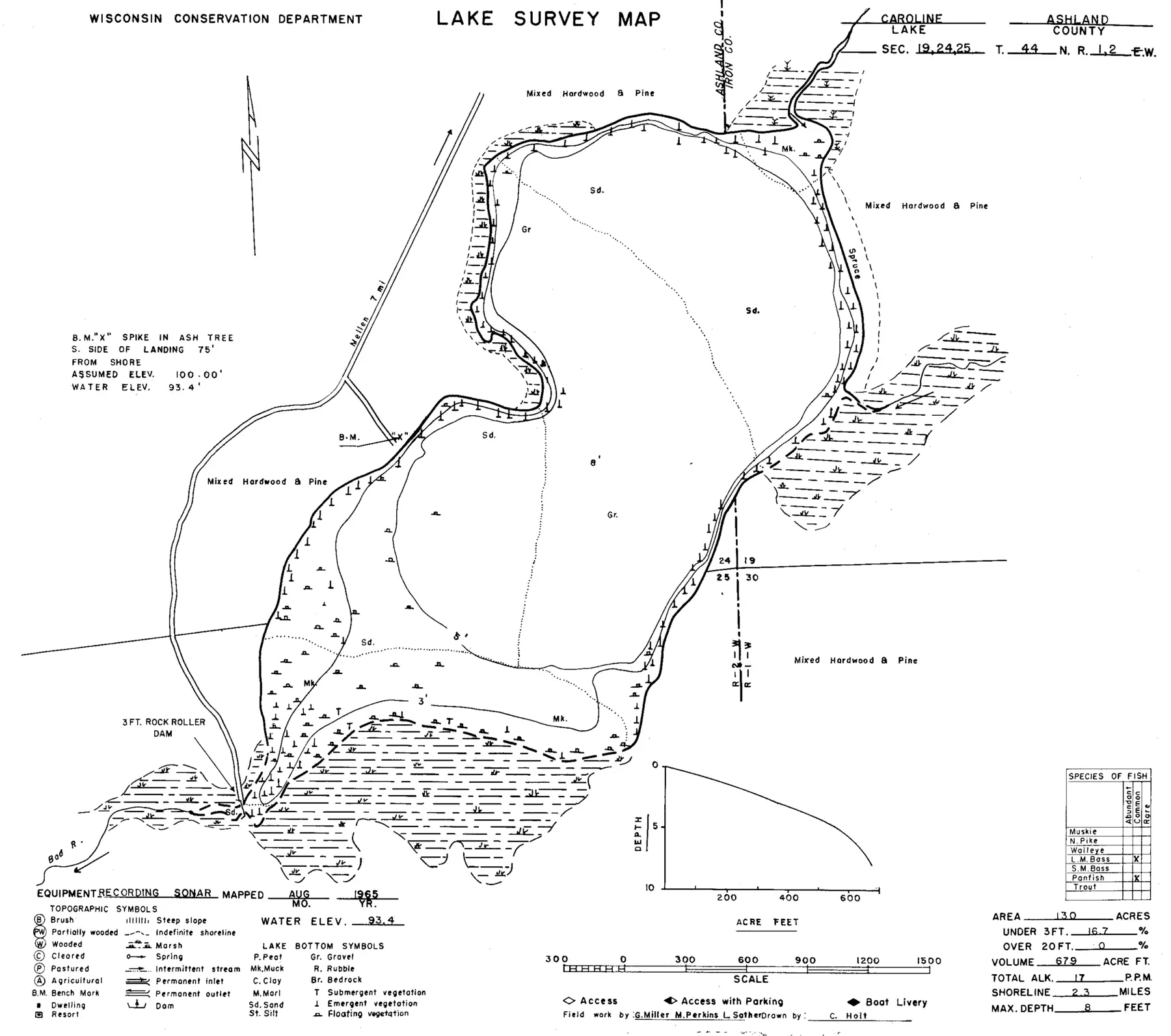 DNR survey map of Caroline Lake, with depths in feet. Tap to zoom.