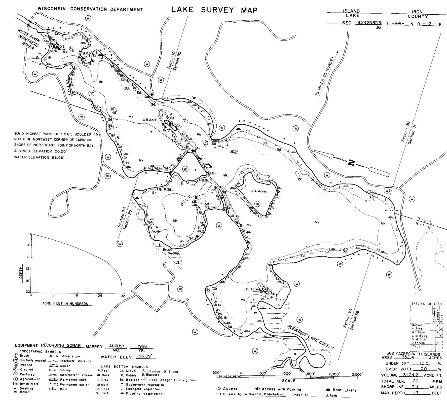 DNR survey map of Island Lake, with depths in feet. Tap to zoom.