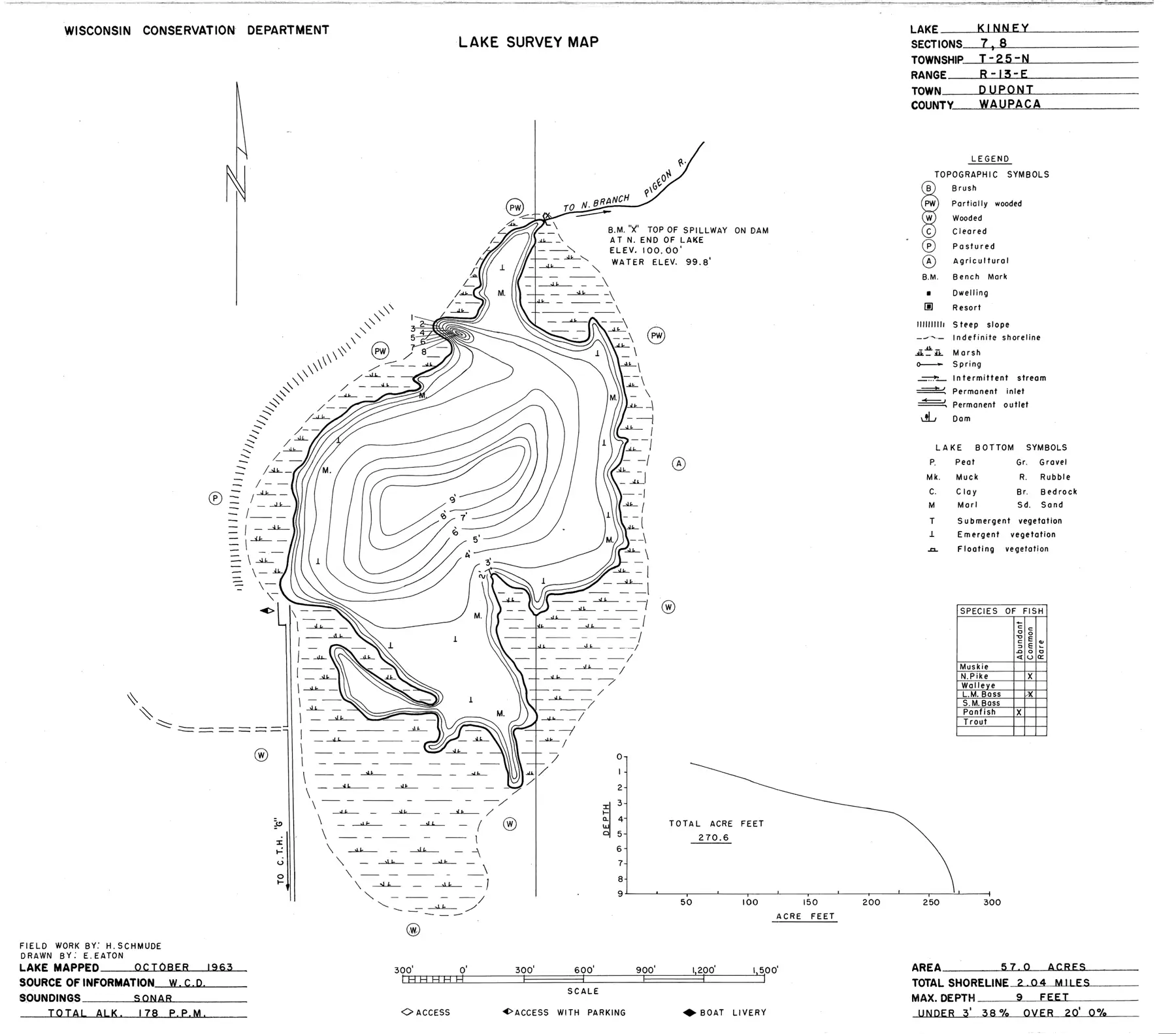DNR survey map of Kinney Lake, with depths in feet. Tap to zoom.