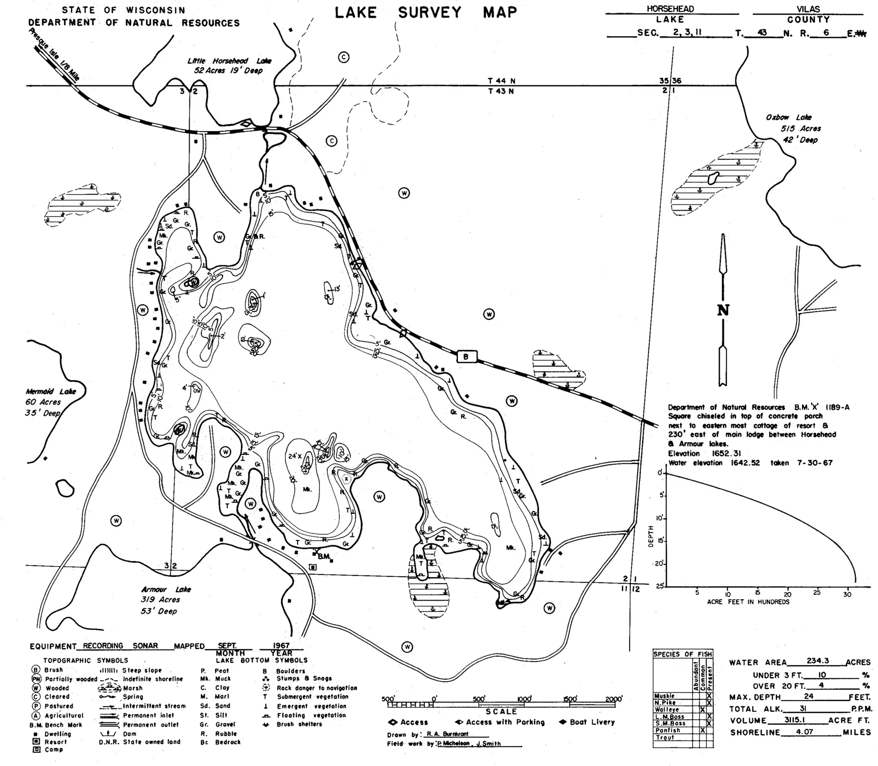 DNR survey map of Horsehead Lake, with depths in feet. Tap to zoom.