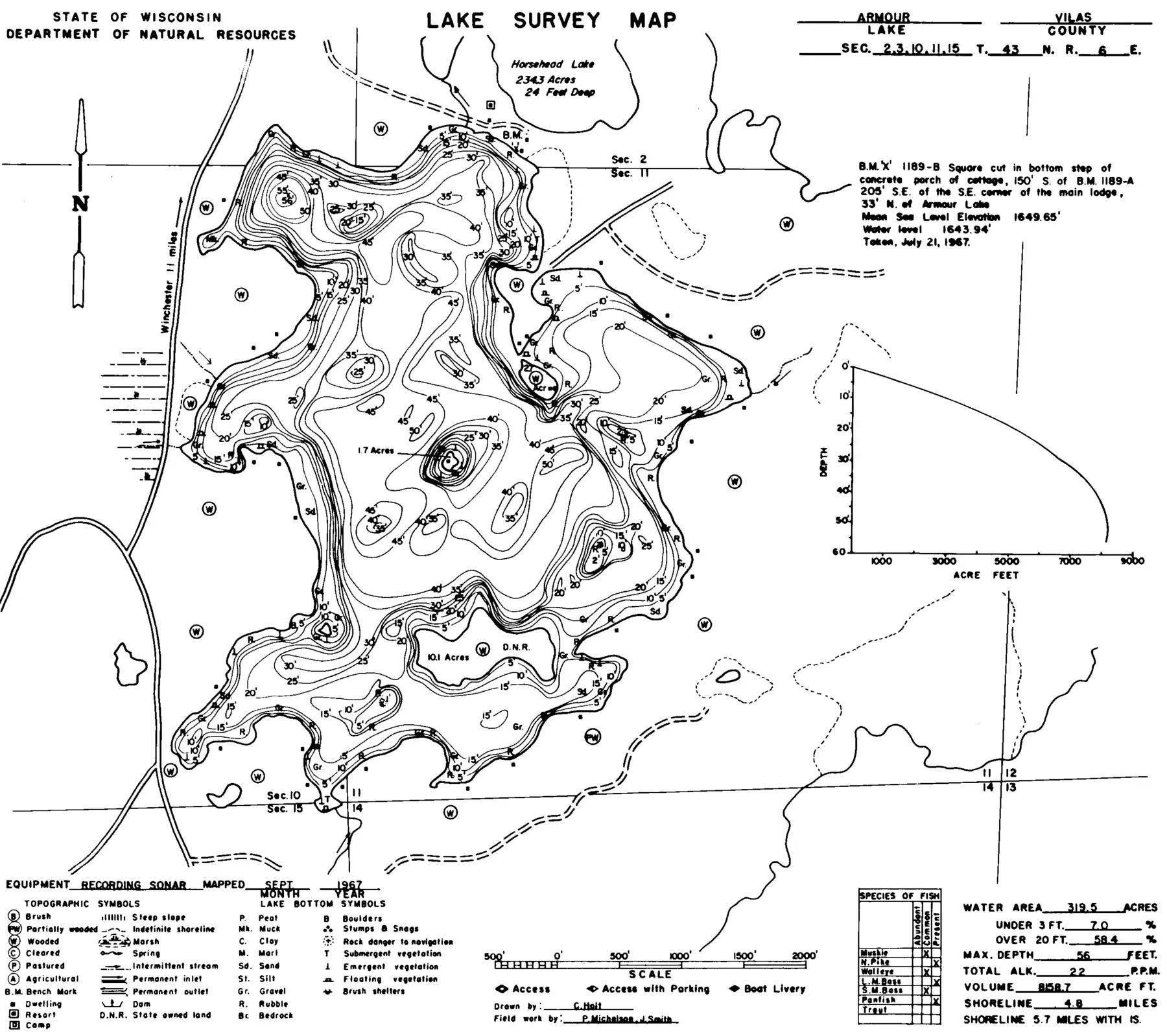 DNR survey map of Armour Lake, with depths in feet. Tap to zoom.