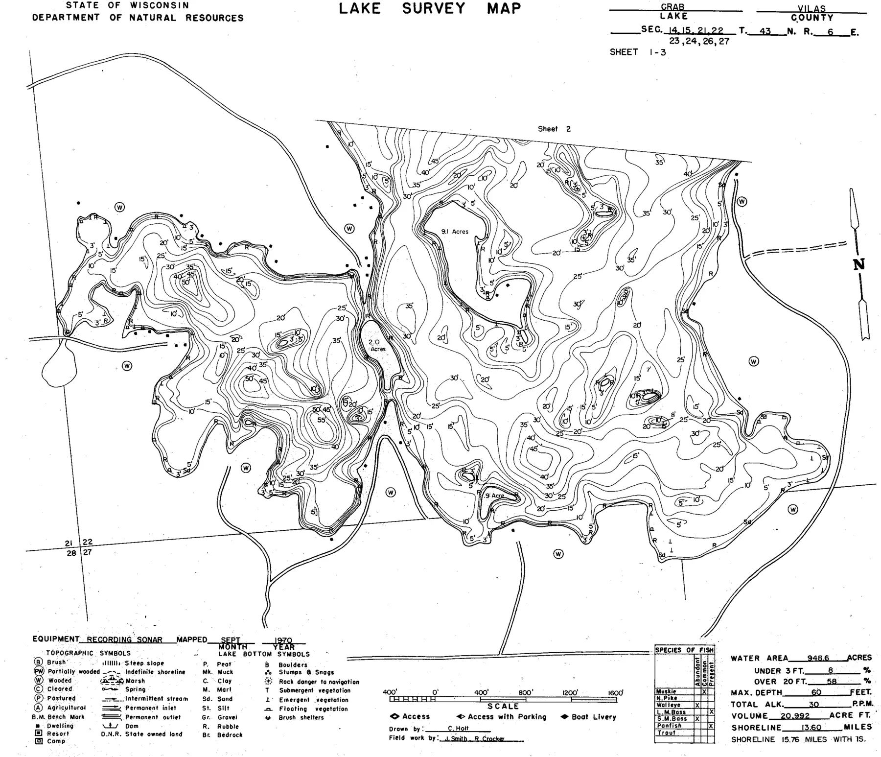 DNR survey map of Crab Lake, sheet 1 of 3, with depths in feet. Tap to zoom.