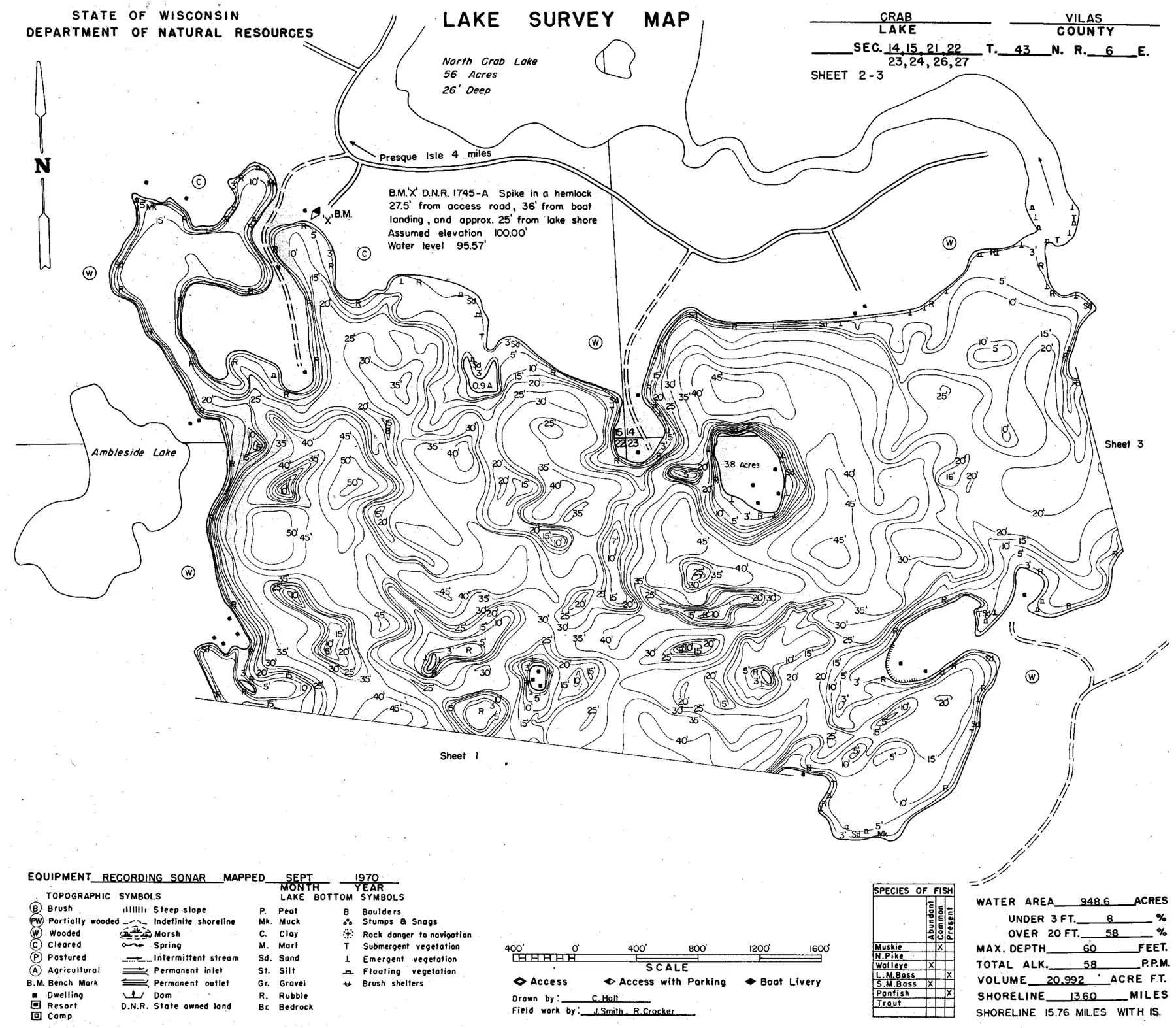 DNR survey map of Crab Lake, sheet 2 of 3, with depths in feet. Tap to zoom.