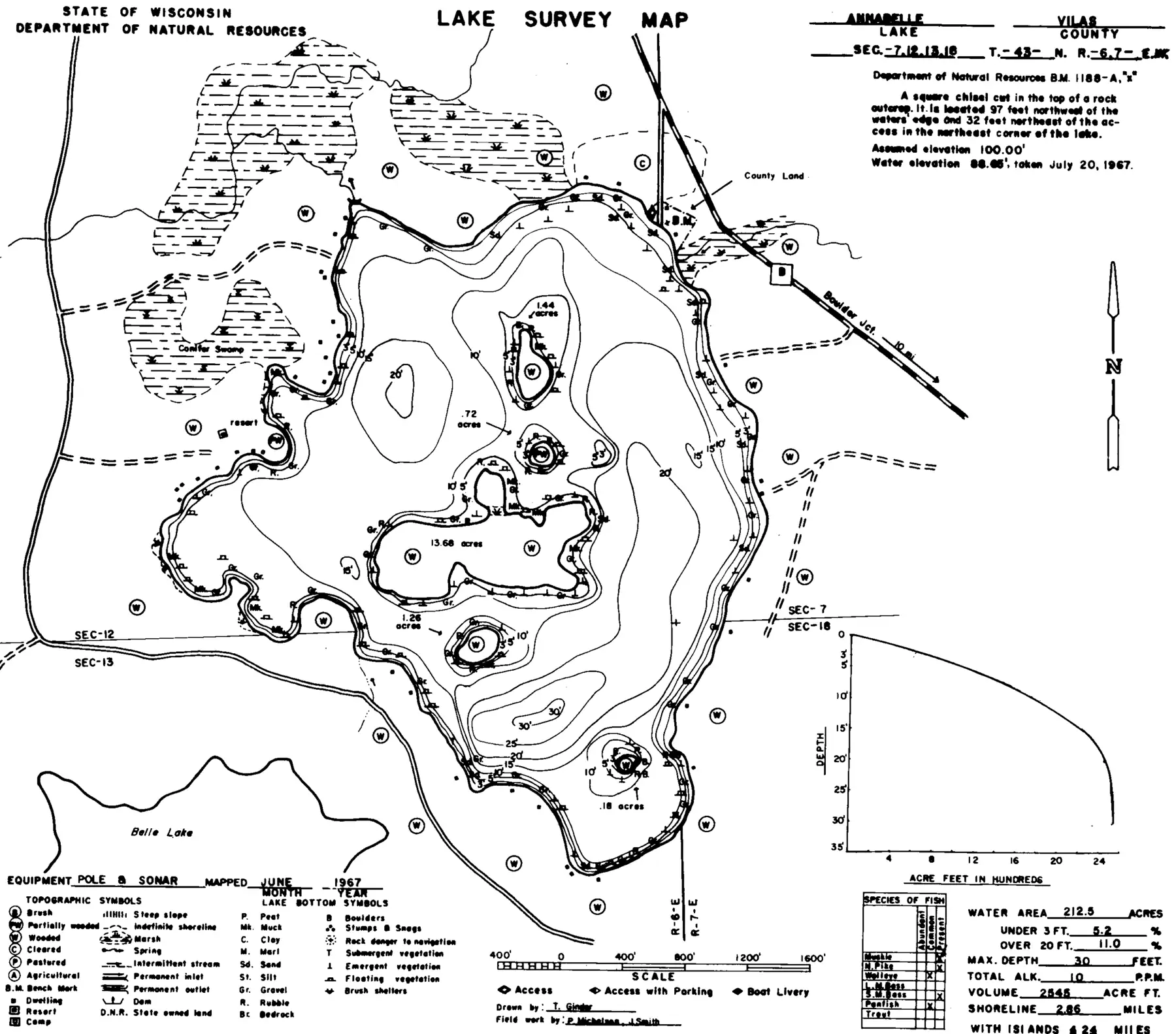 DNR survey map of Annabelle Lake, with depths in feet. Tap to zoom.