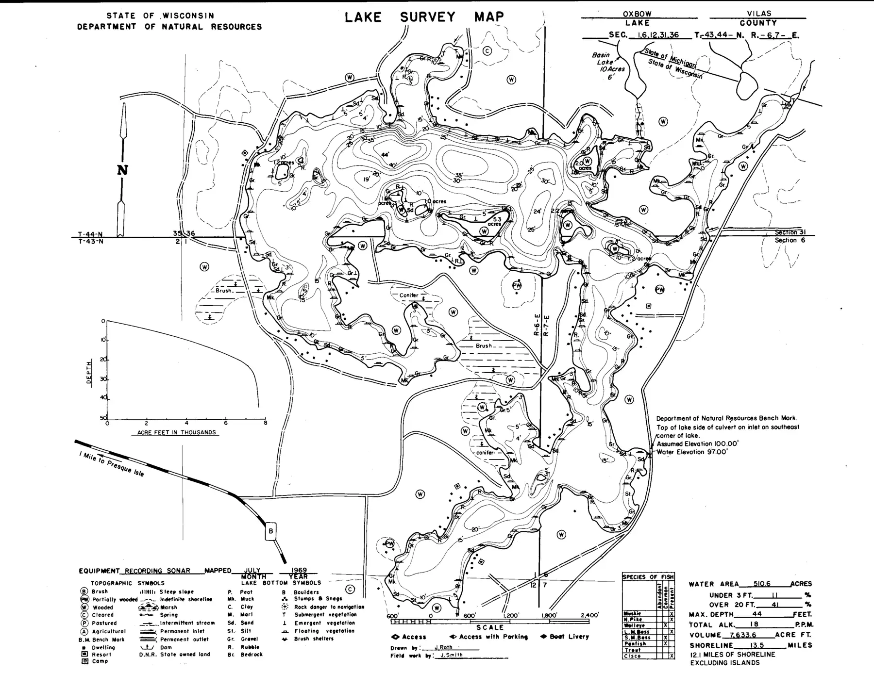 DNR survey map of Oxbow Lake, with depths in feet. Tap to zoom.